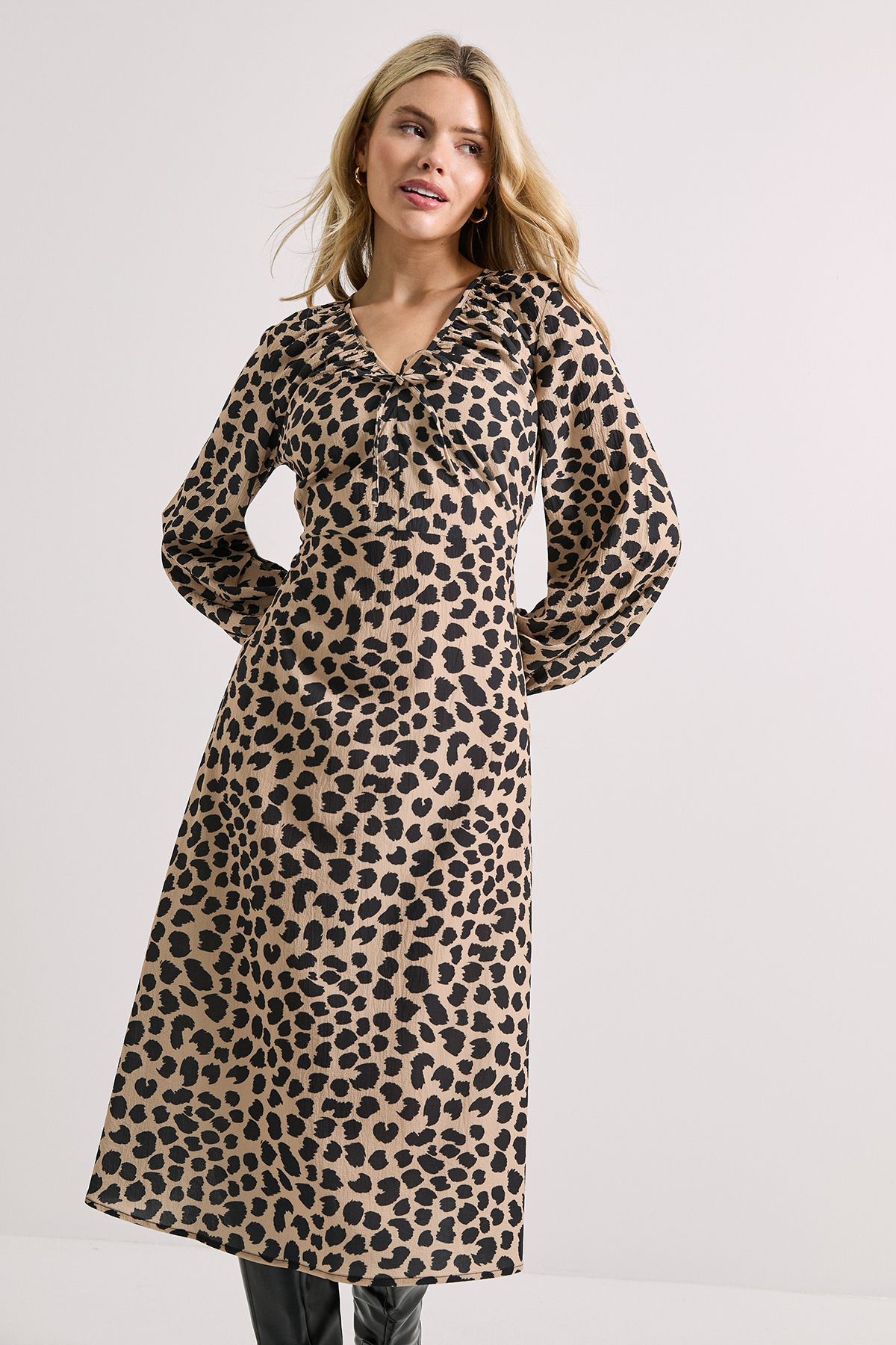 Dorothy Perkins Printed Tie Neck Blouson Sleeve Midi Dress Animal image 2