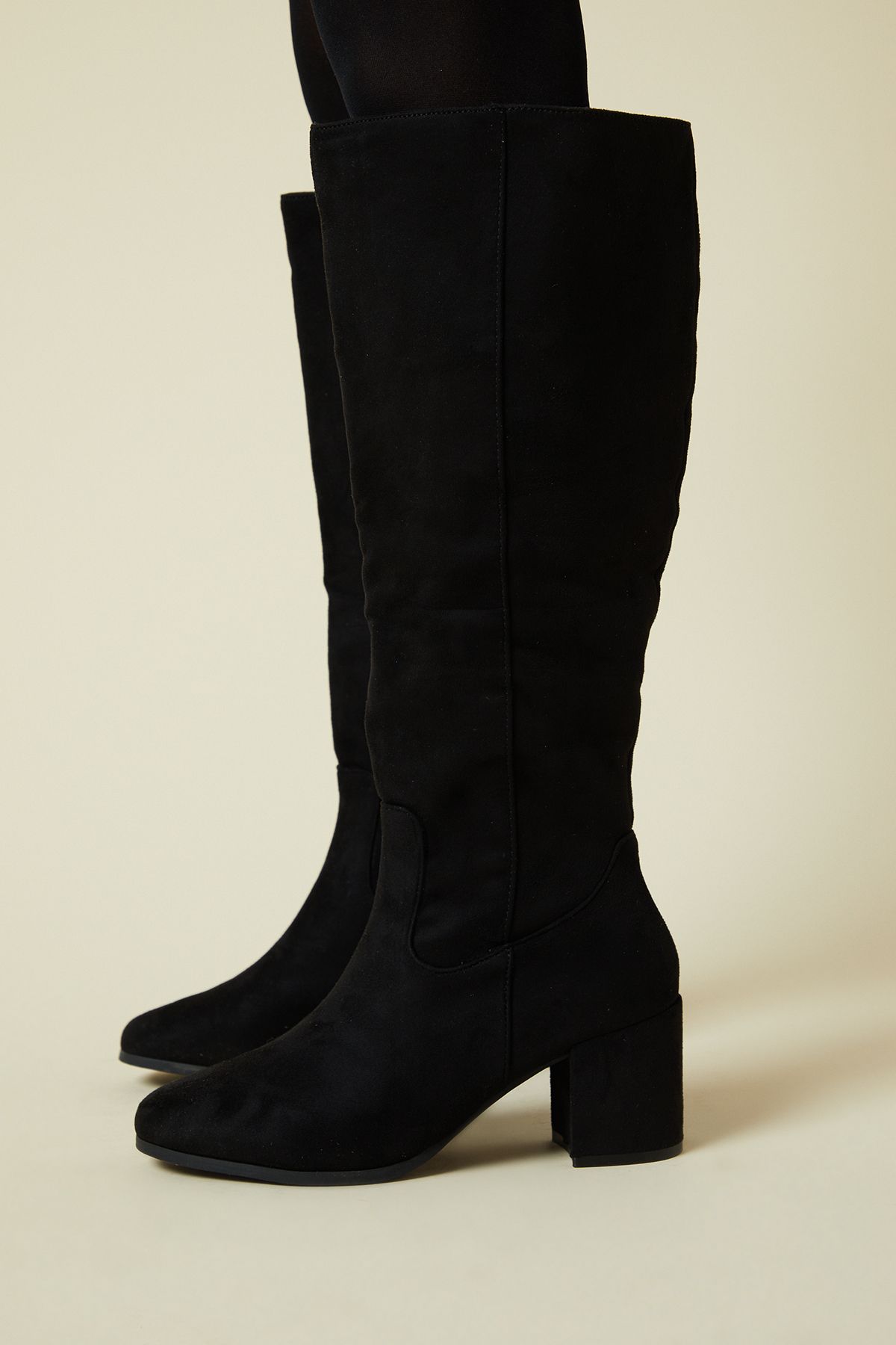 Dorothy Perkins Wide Fit Keeley Round Toe Medium Block Heel Knee High Boots Natural Black image 4