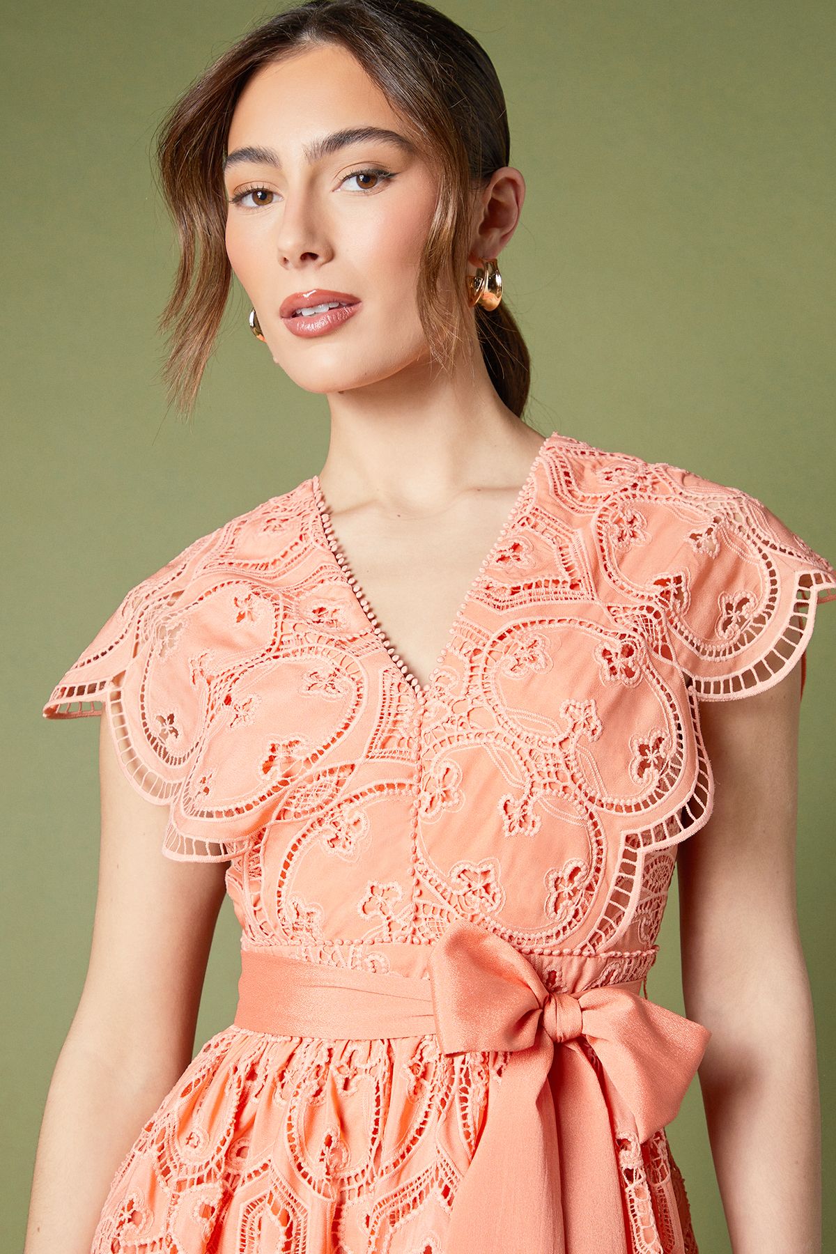 Coast Lace V Neck Belted Midi Holiday Dress Peach image 3