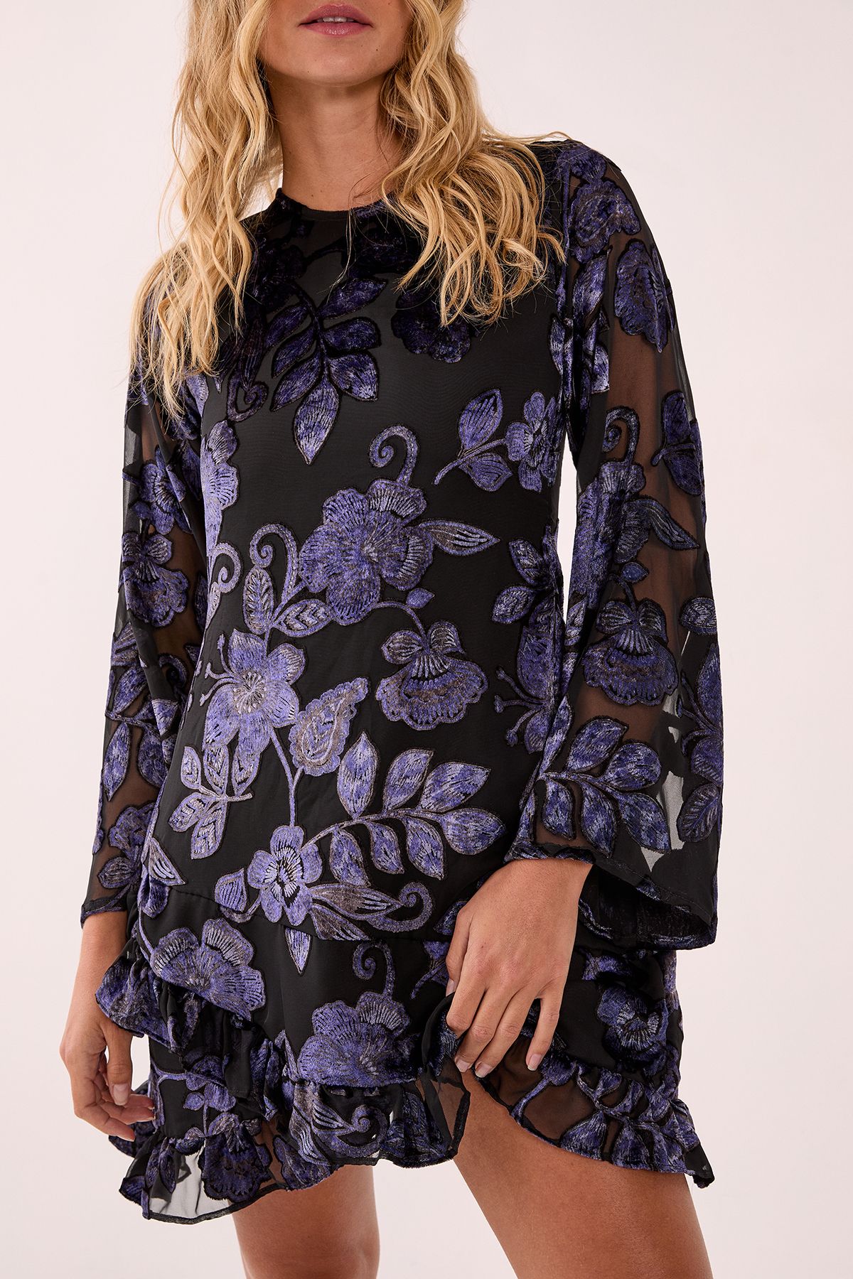 NastyGal Floral Devore Ruffle Wrap Mini Dress Black image 3