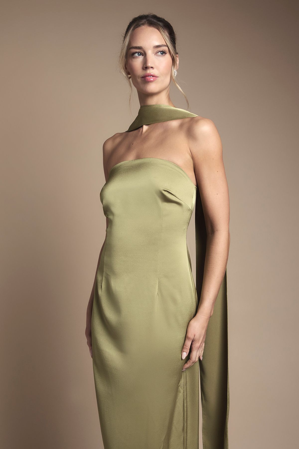 Oasis Oasis By Coast Bandeau Satin Bridesmaid Maxi Dress With Scarf Olive image 2
