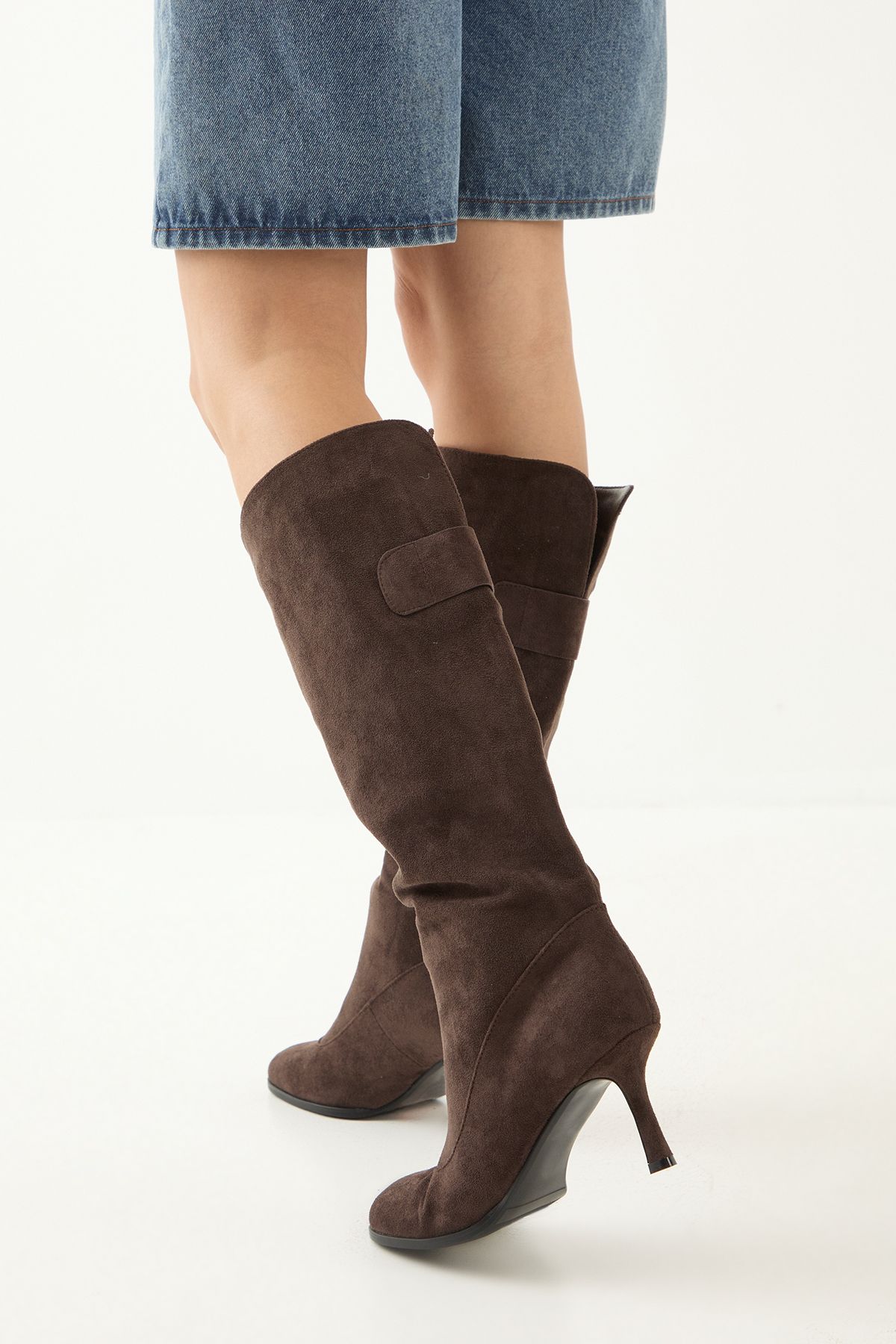 MissPap Faux Suede Square Toe Stiletto Heel Knee Boots Dark Brown image 3