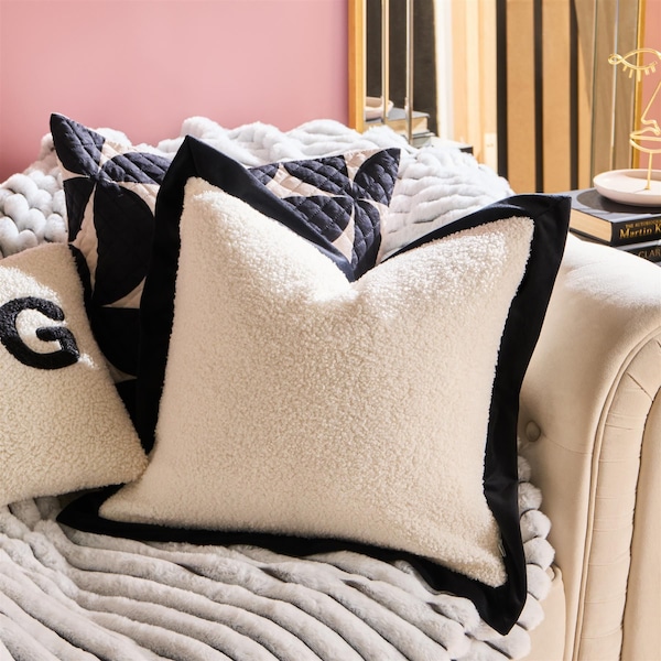 OHS 2 Pack Oxford Edge Boucle Square Cushion Covers, White/Black