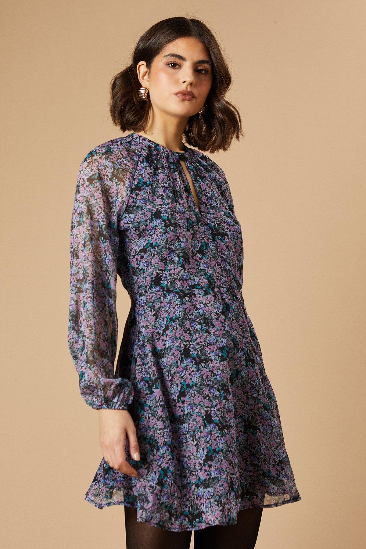 Oasis Ditsy Chiffon Keyhole Mini Dress