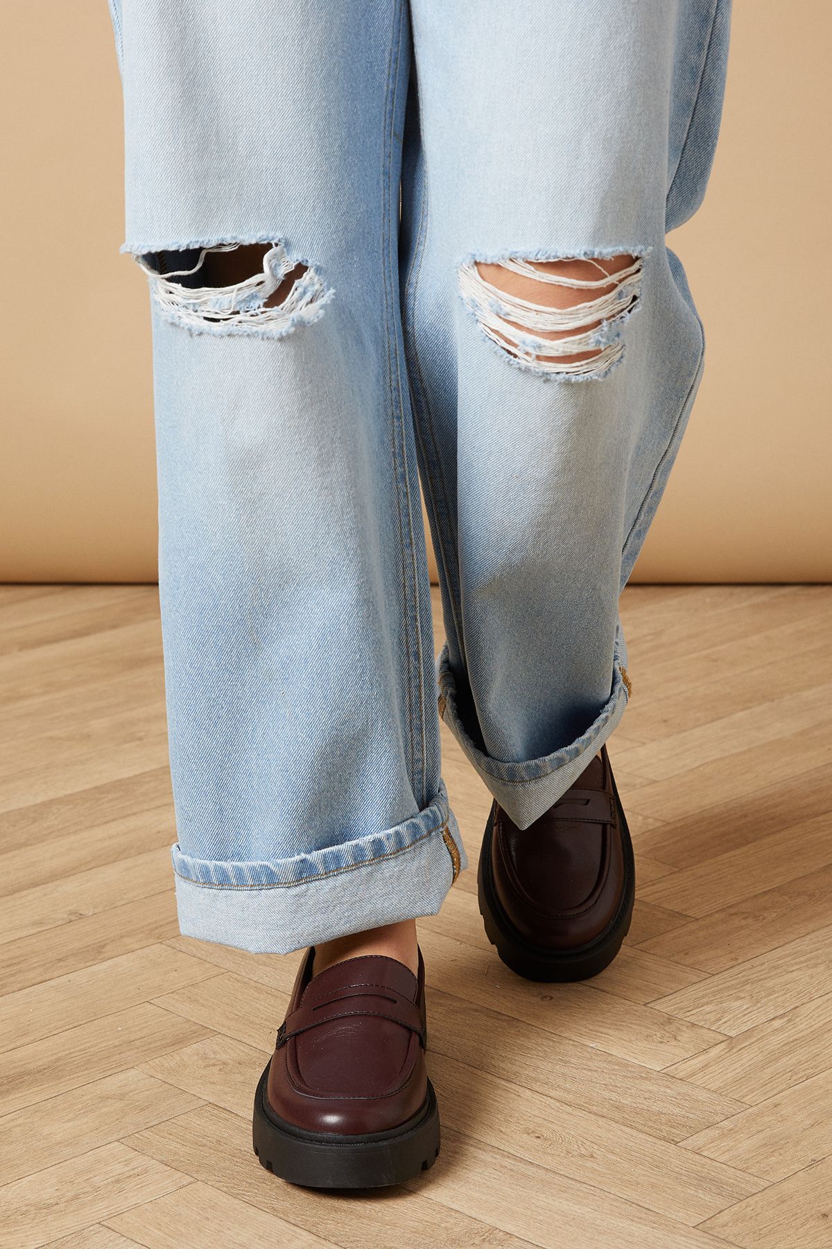 Oasis Brit Faux Patent Leather Chunky Penny Loafers Burgundy image 2