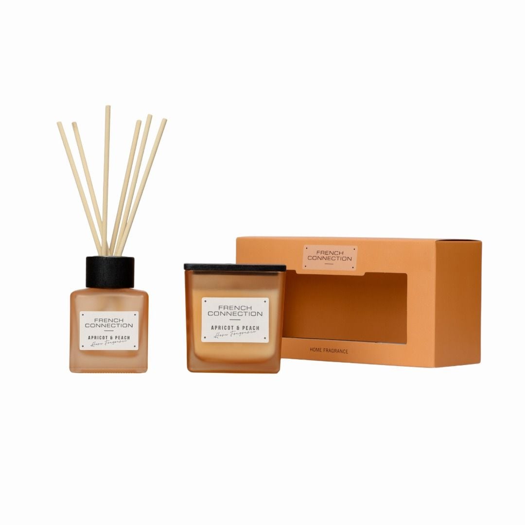 French Connection Apricot & Peach 200G Candle and 100ML Reed Diffuser Gift Set Square Design image 1