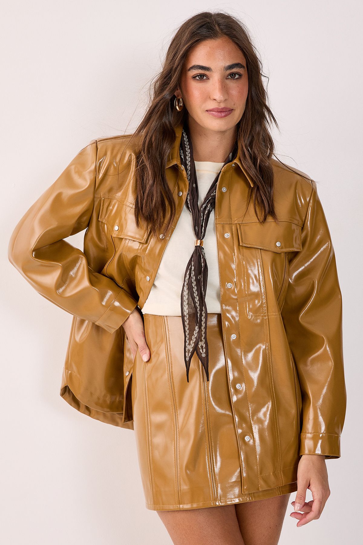 NastyGal Western Vinyl Faux Leather Shoulder Pad Shirt Camel