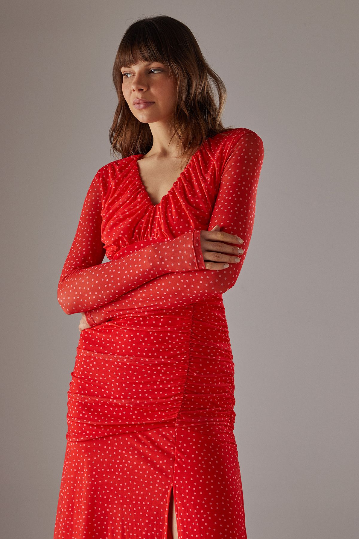 Warehouse Spot Mesh Gathered Front  Plunge Neck Midi Dress Red image 4