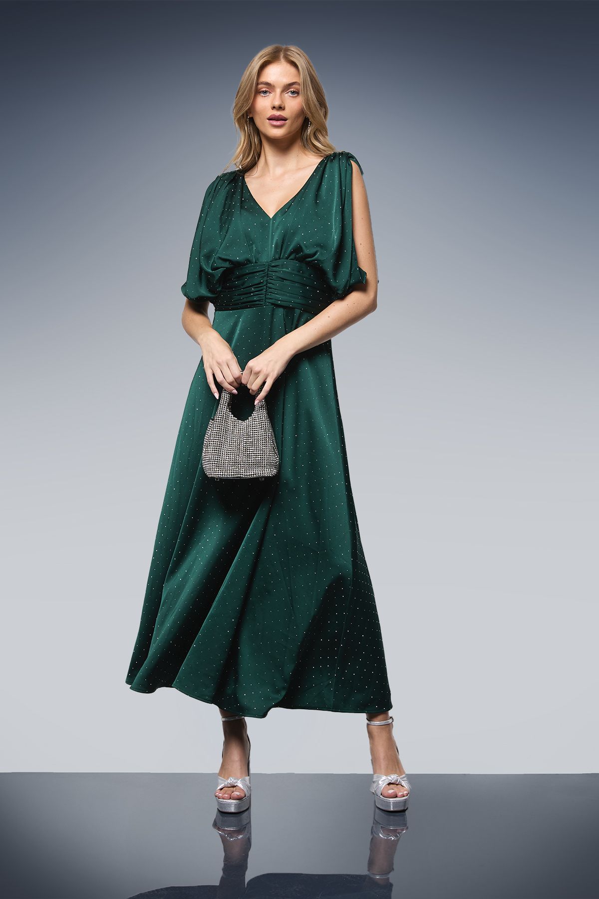 Oasis Hotfix Detail Ruched Bodice V Neck Midi Dress Forest image 1