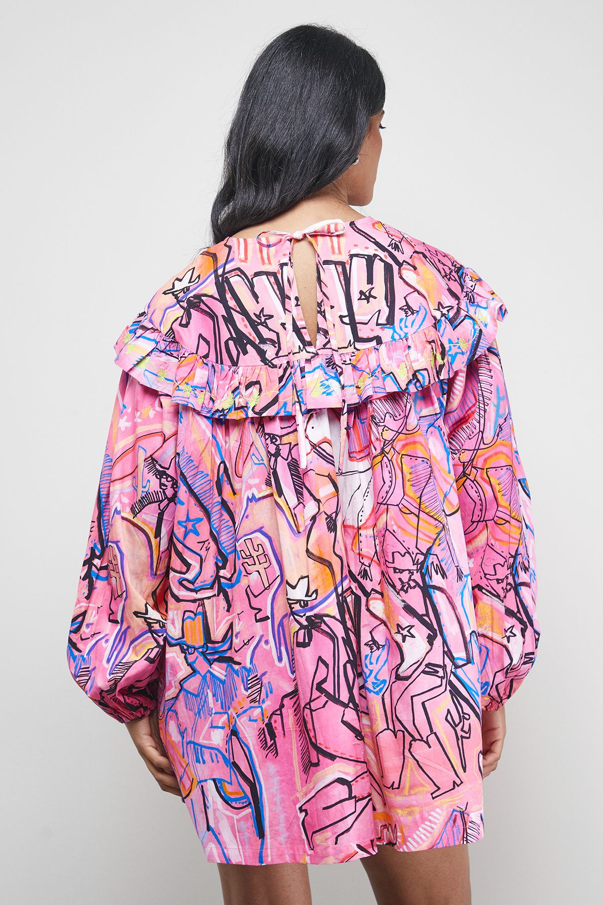 Warehouse Tony Rodeo Cotton Frill Yoke Mini Smock Dress Multi image 4