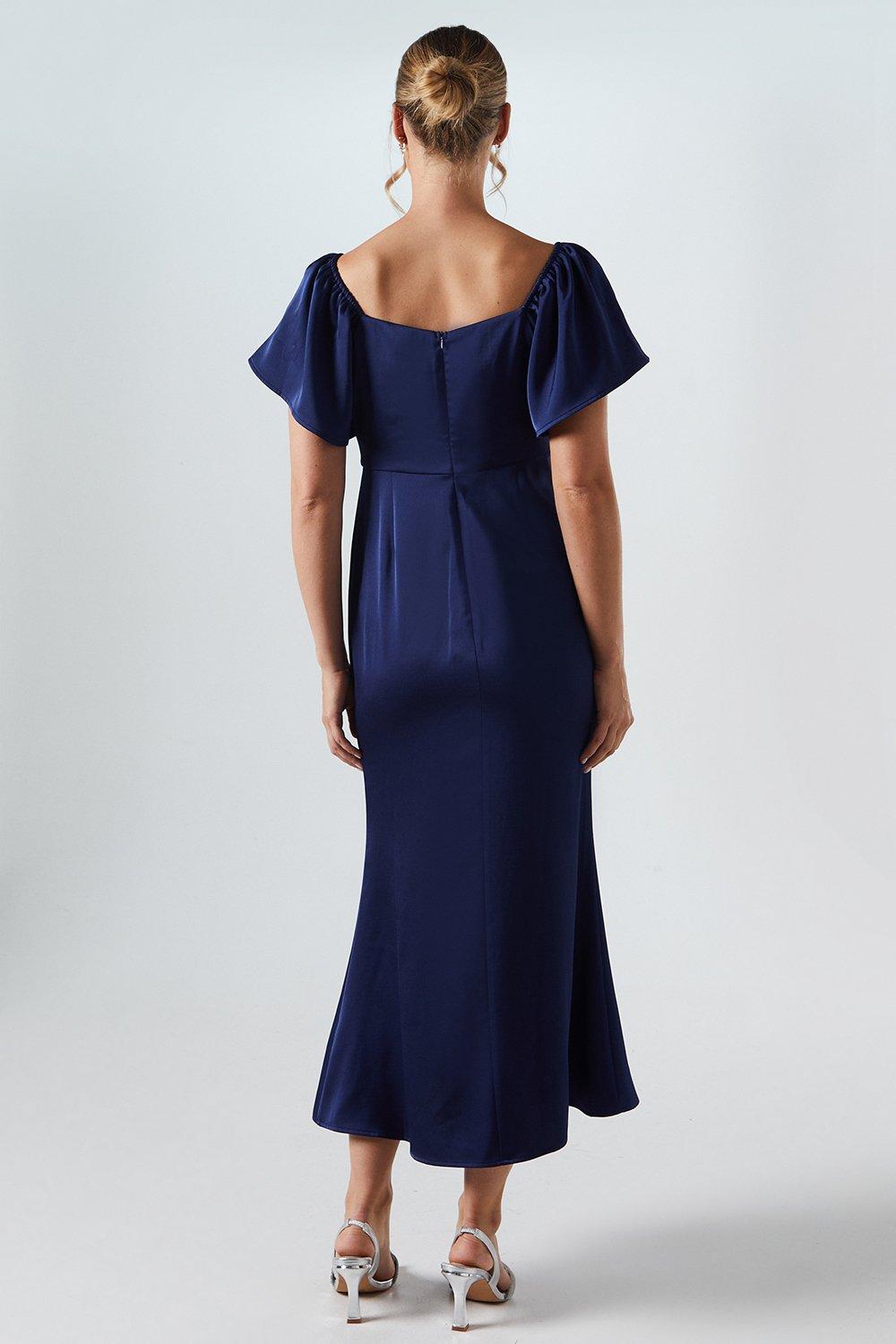 Oasis Angel Sleeve Satin Bridesmaids Midi Dress Navy image 3