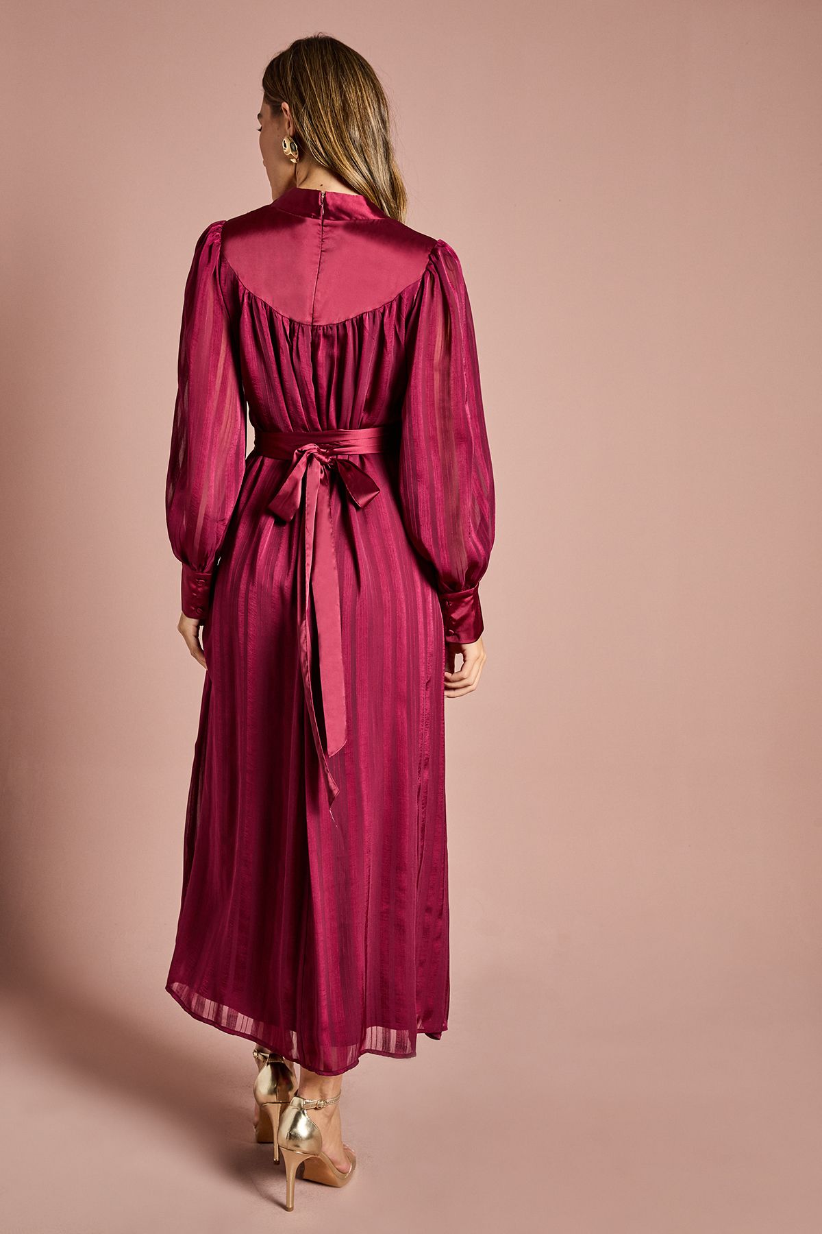 Coast Long Sleeve Stripe Jacquard Maxi V Neck Dress Burgundy image 3