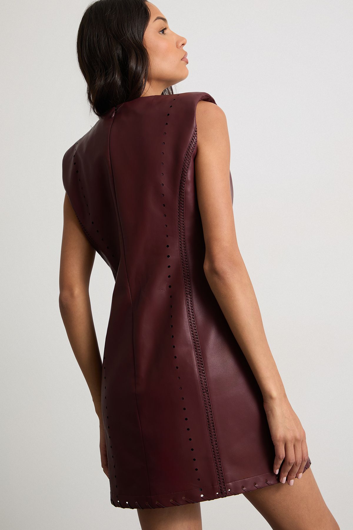 Warehouse Faux Leather Whipstitch Detail Shift Mini Dress Dark Red image 3