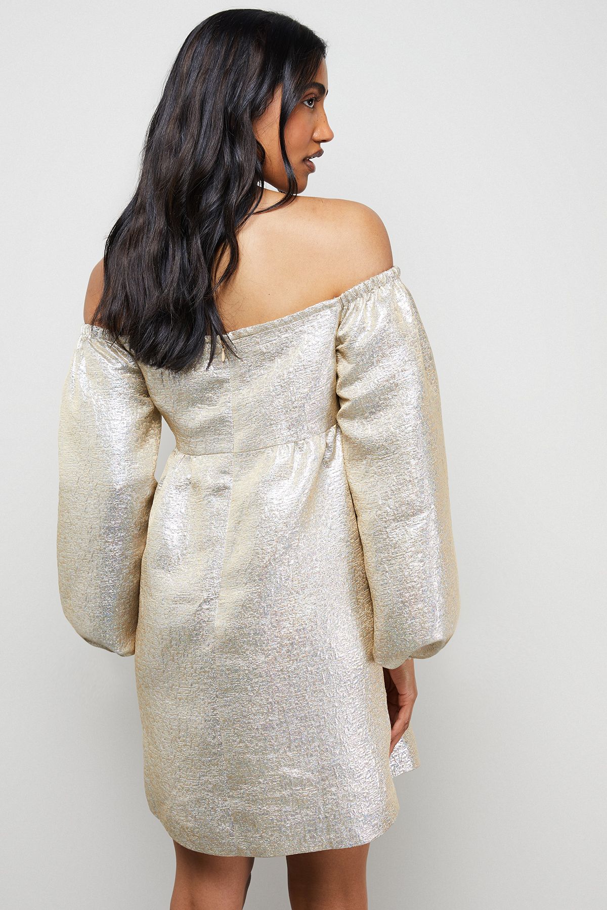 Warehouse Metallic Jacquard Bardot Balloon Sleeve Mini Dress Multi image 3