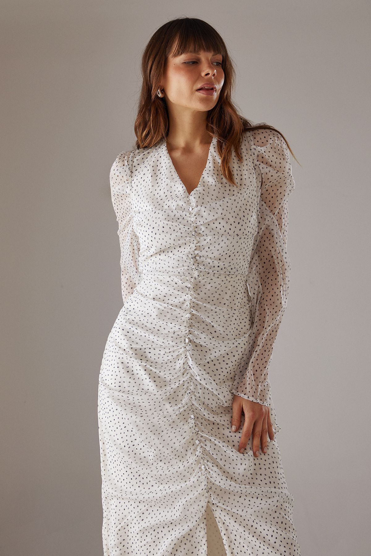 Warehouse Spot Chiffon Ruched Plunge Button front Midi Dress Mono image 2