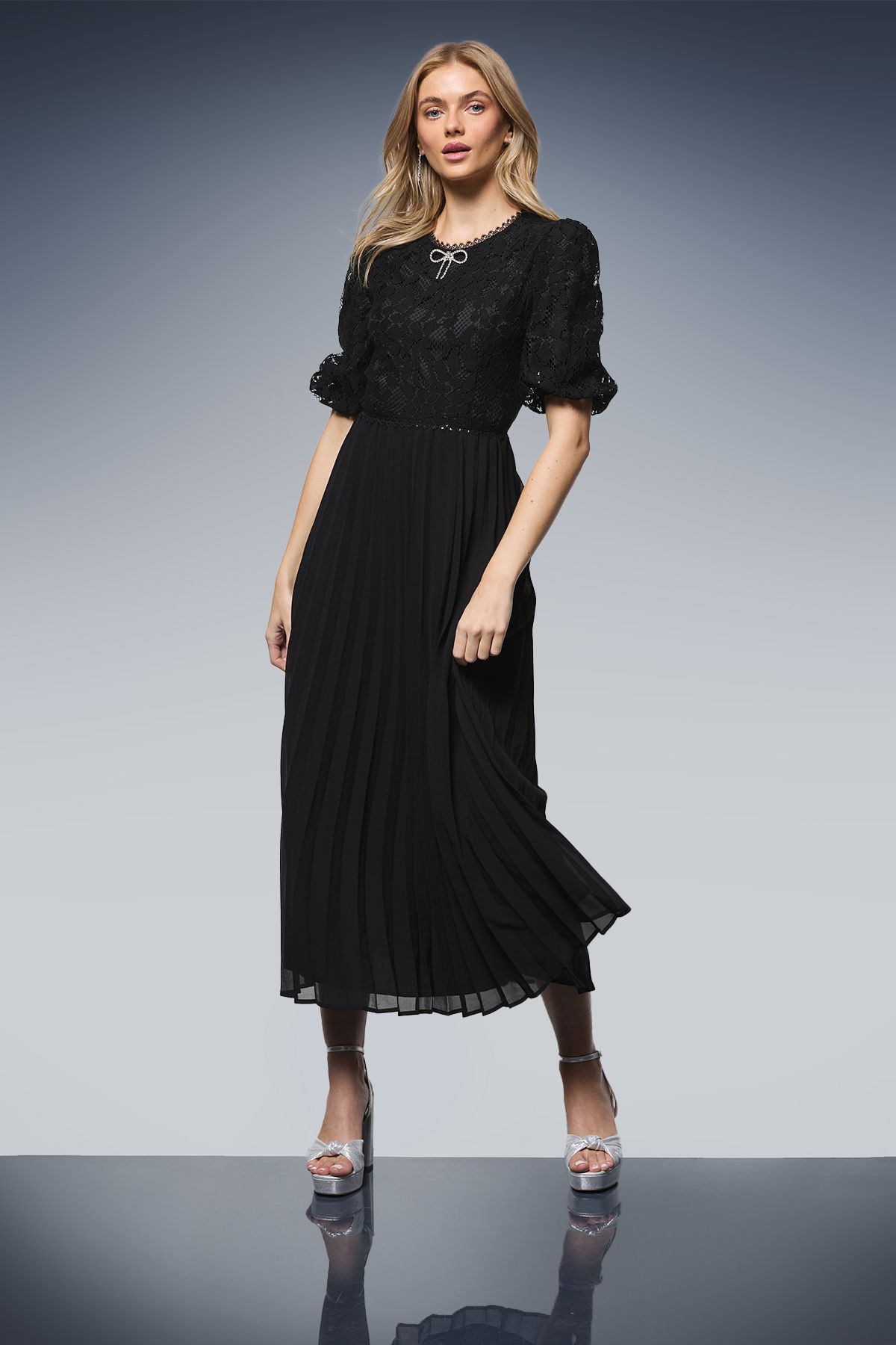 Oasis Diamonte Bow Print Midi Dress Black image 1