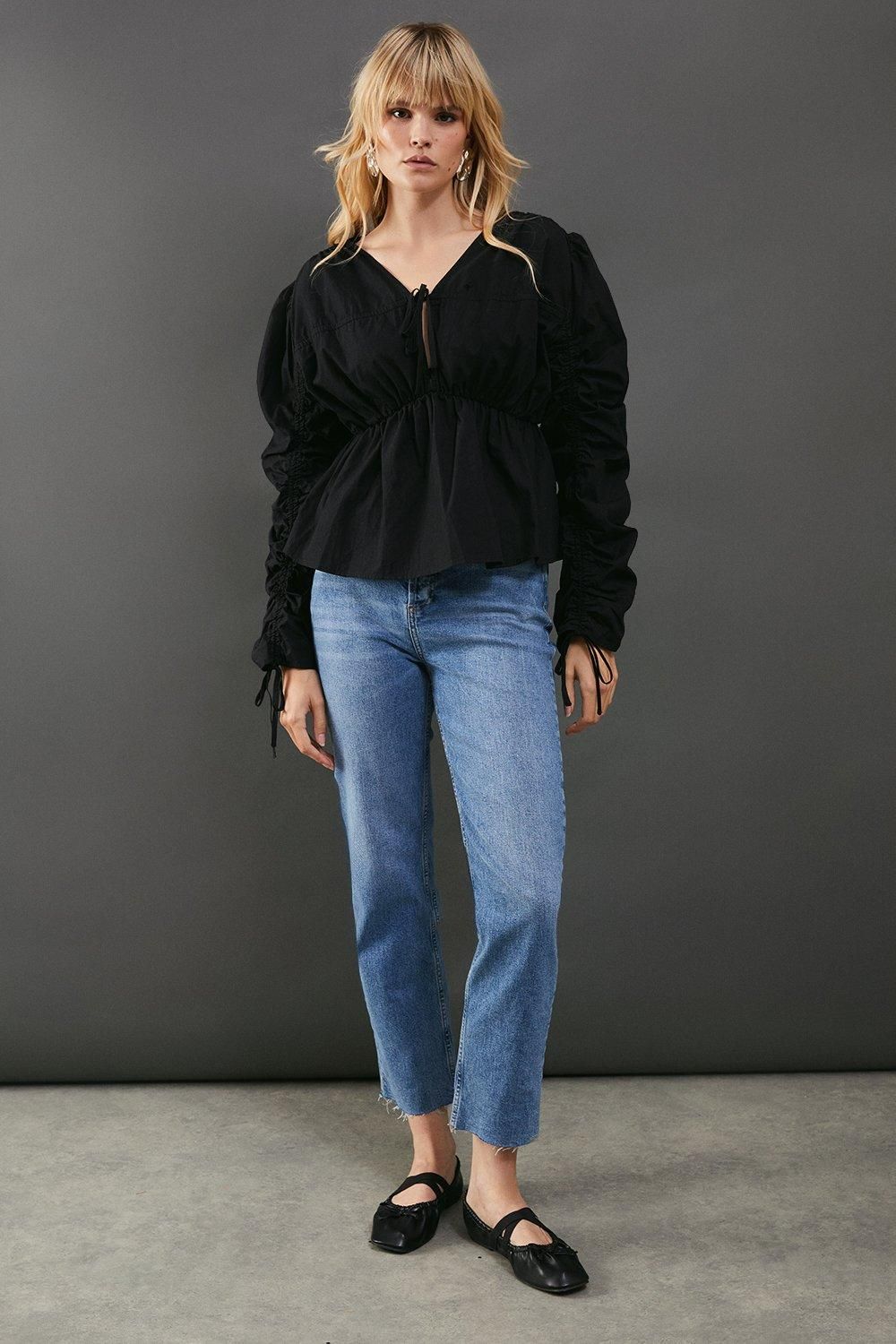 Warehouse Cotton Tie Front Volume Sleeve Blouse Black image 2