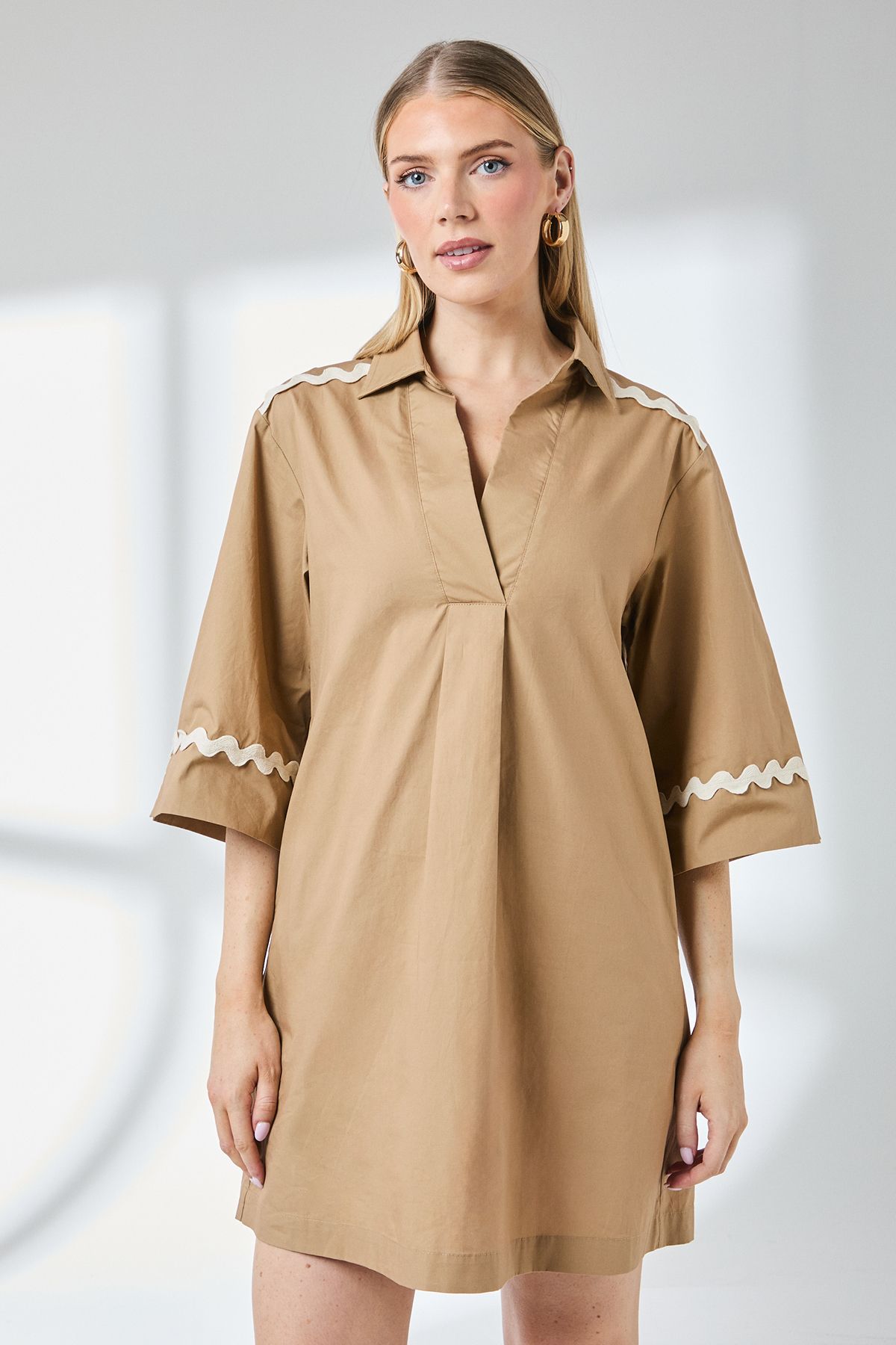 Principles Sand Collared Trim Detail Mini Shirt Dress Sand image 2