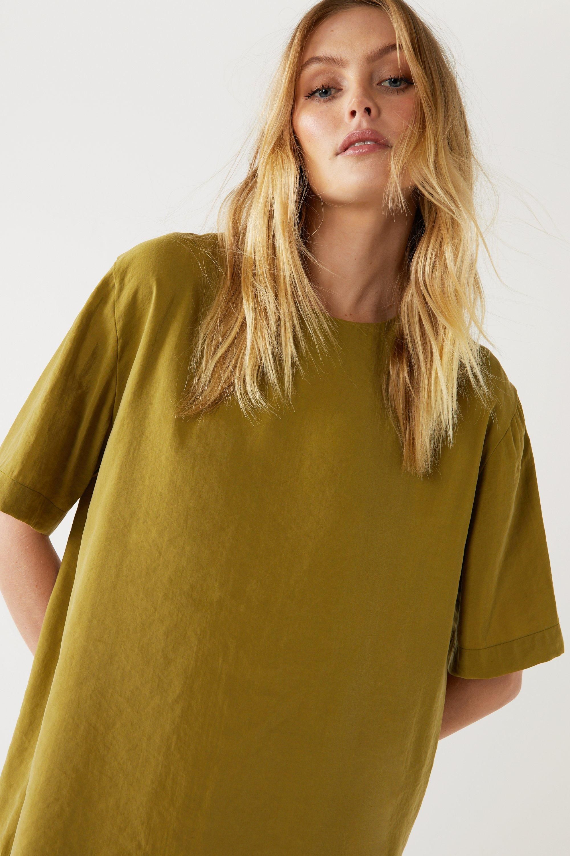 Warehouse Short Sleeve Textured T-shirt Dress Khaki image 3