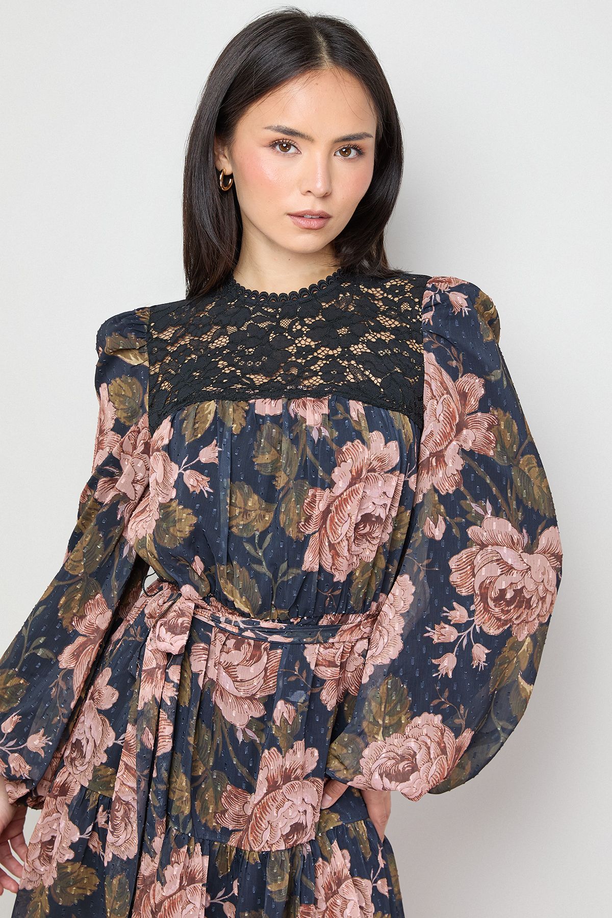 Oasis Petite Lace Front Belted Waist Long Sleeve Mini Dress Rose image 2