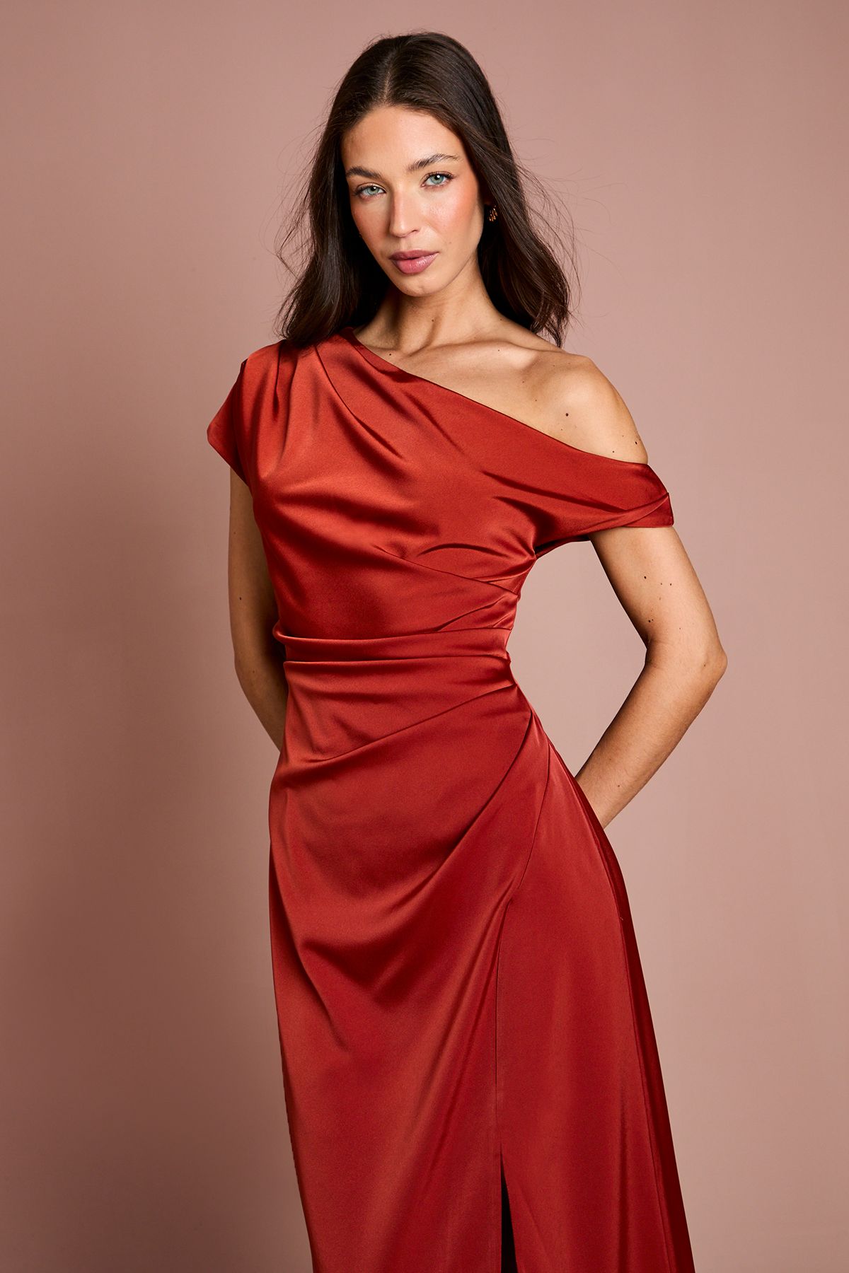 Coast Off Shoulder Satin Side Tie Midi Dress Rust image 2