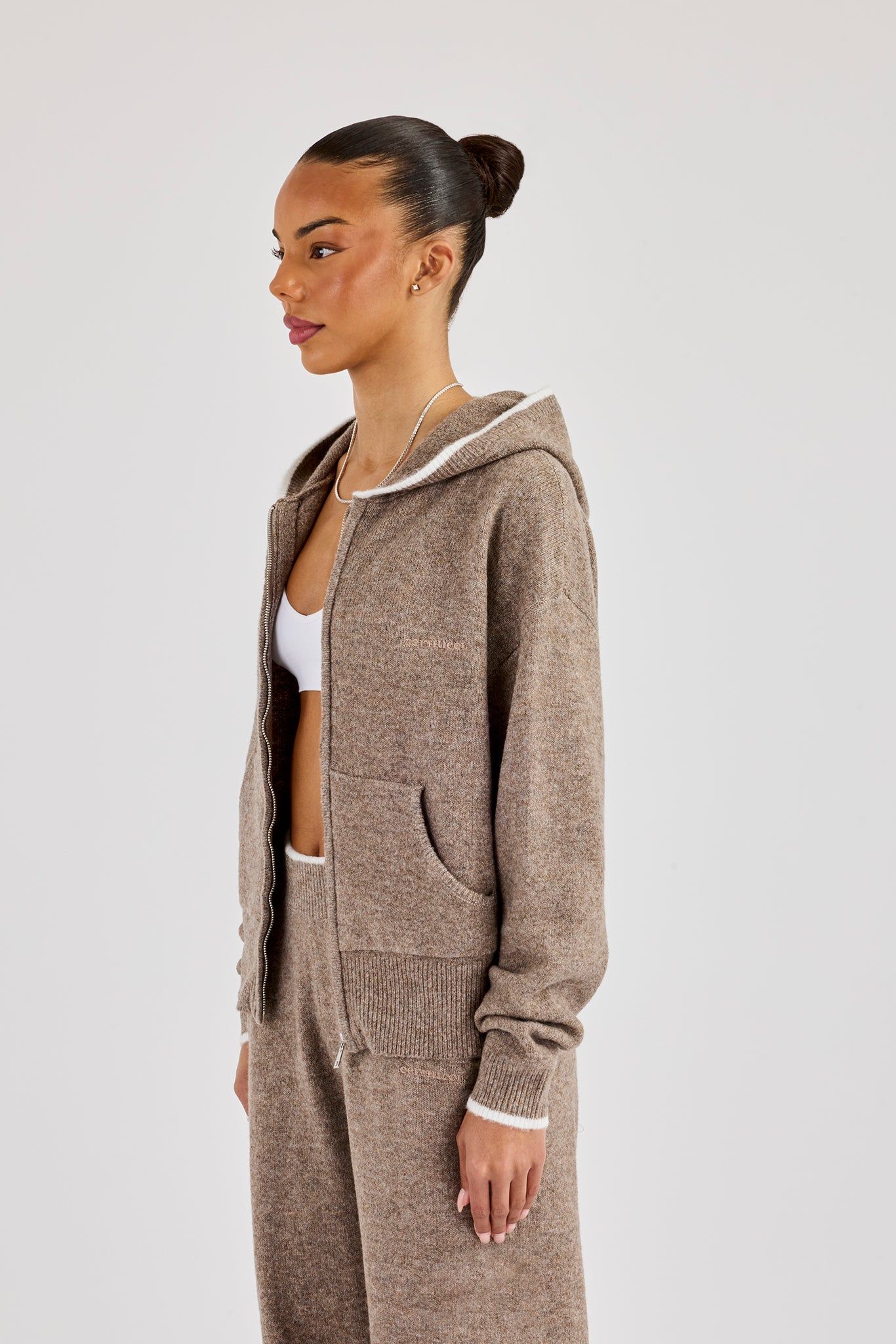 Cernucci Knitted Zip Through Hoodie With Contrast Tipping - Taupe image 2