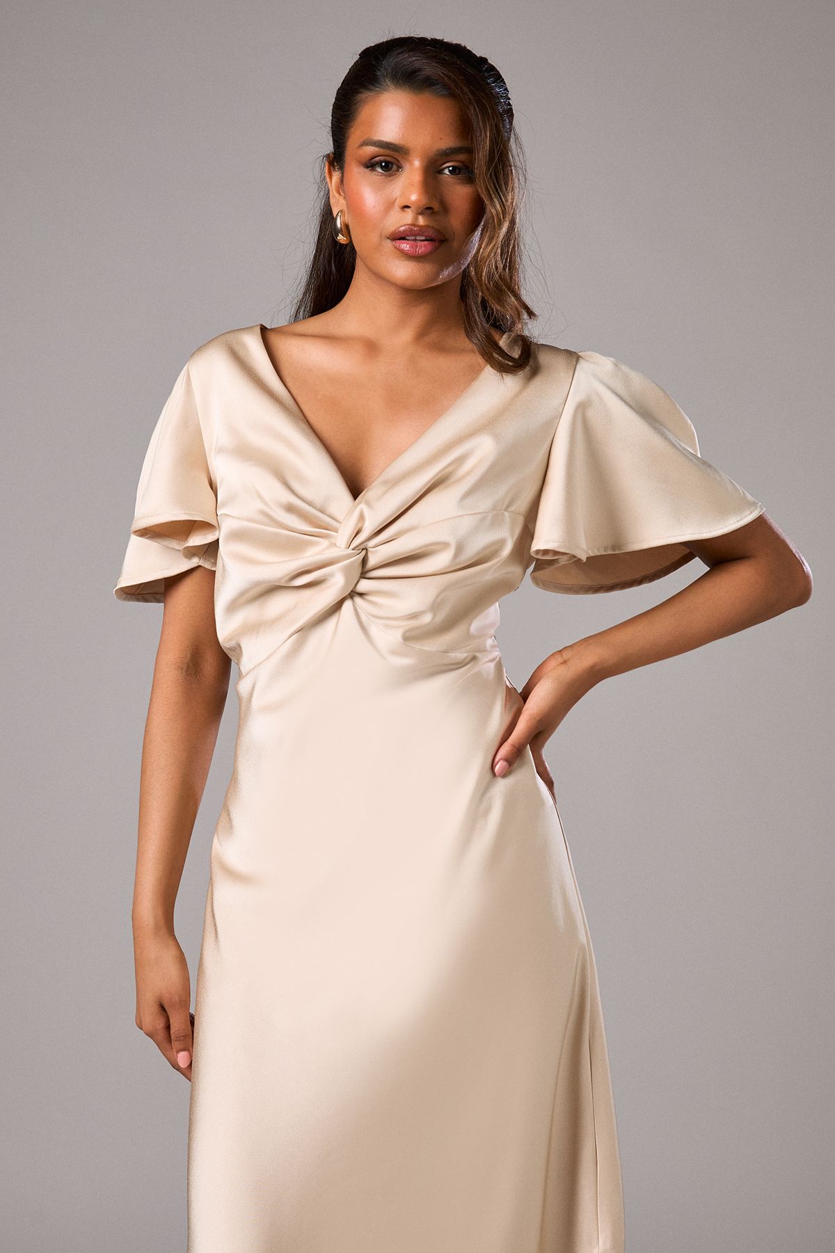 Oasis Oasis by Coast Petite Satin Twist Angel Sleeve Midi Bridesmaid Dress Champagne image 2