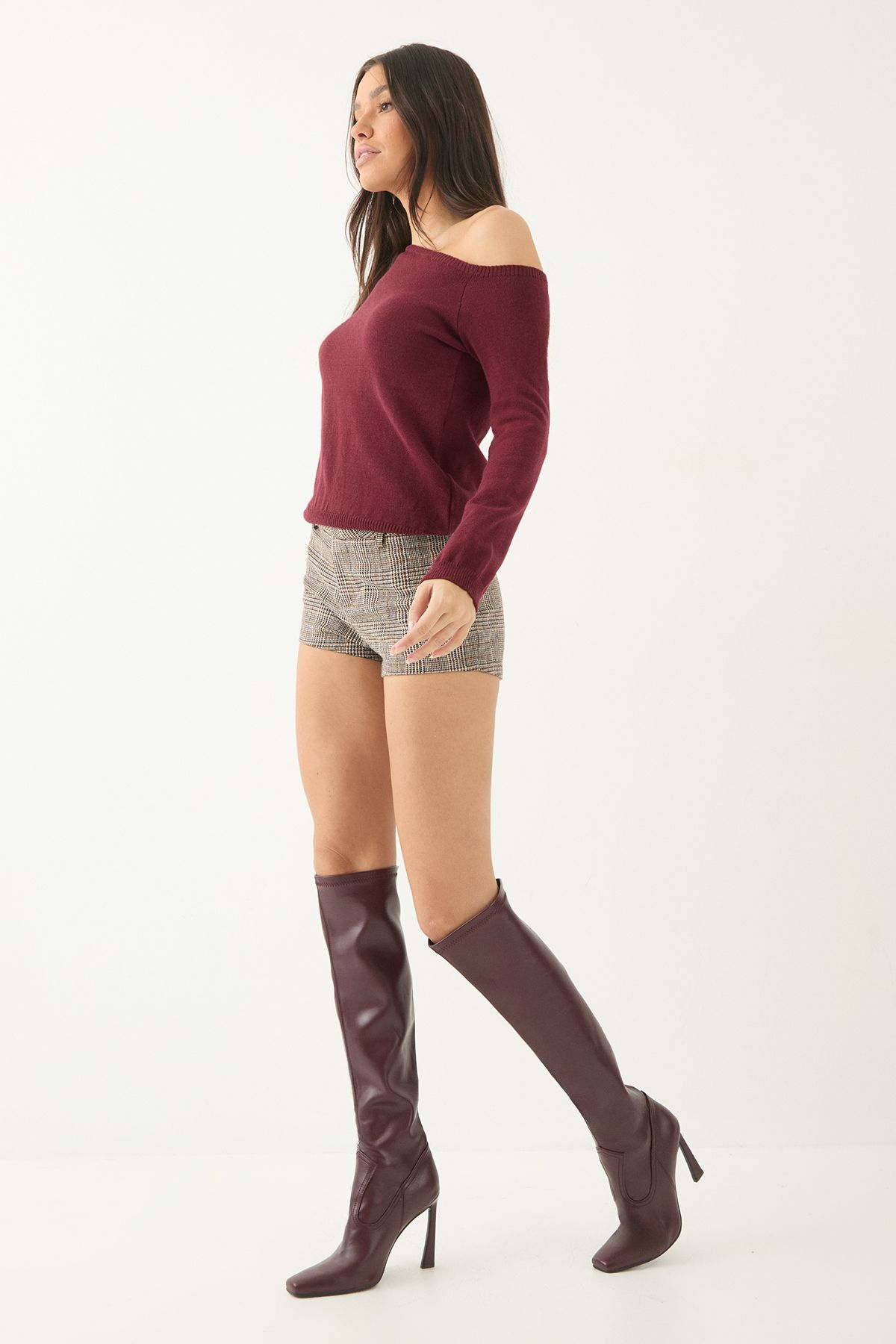 MissPap Faux Leather Stretch Square Toe High Flared Stiletto Heel Over The Knee Boots Burgundy image 2