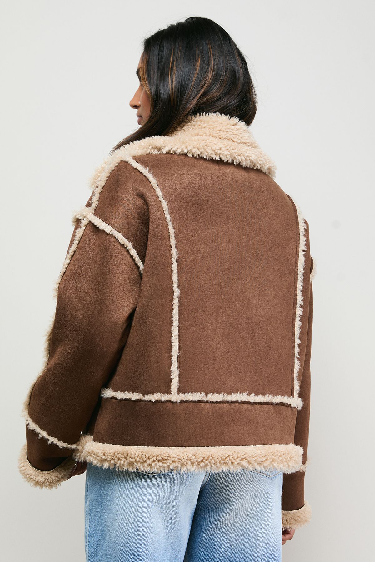 Oasis Shearling Trim Aviator Jacket Chocolate image 3