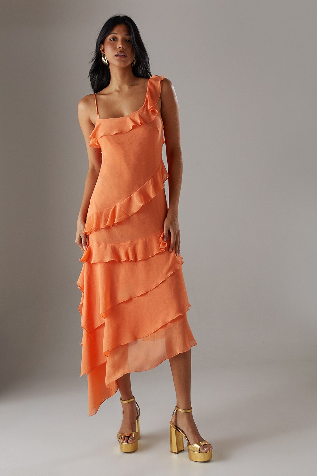 Warehouse Chiffon Asymmetric Hem Ruffle Midi Slip Dress Peach image 1