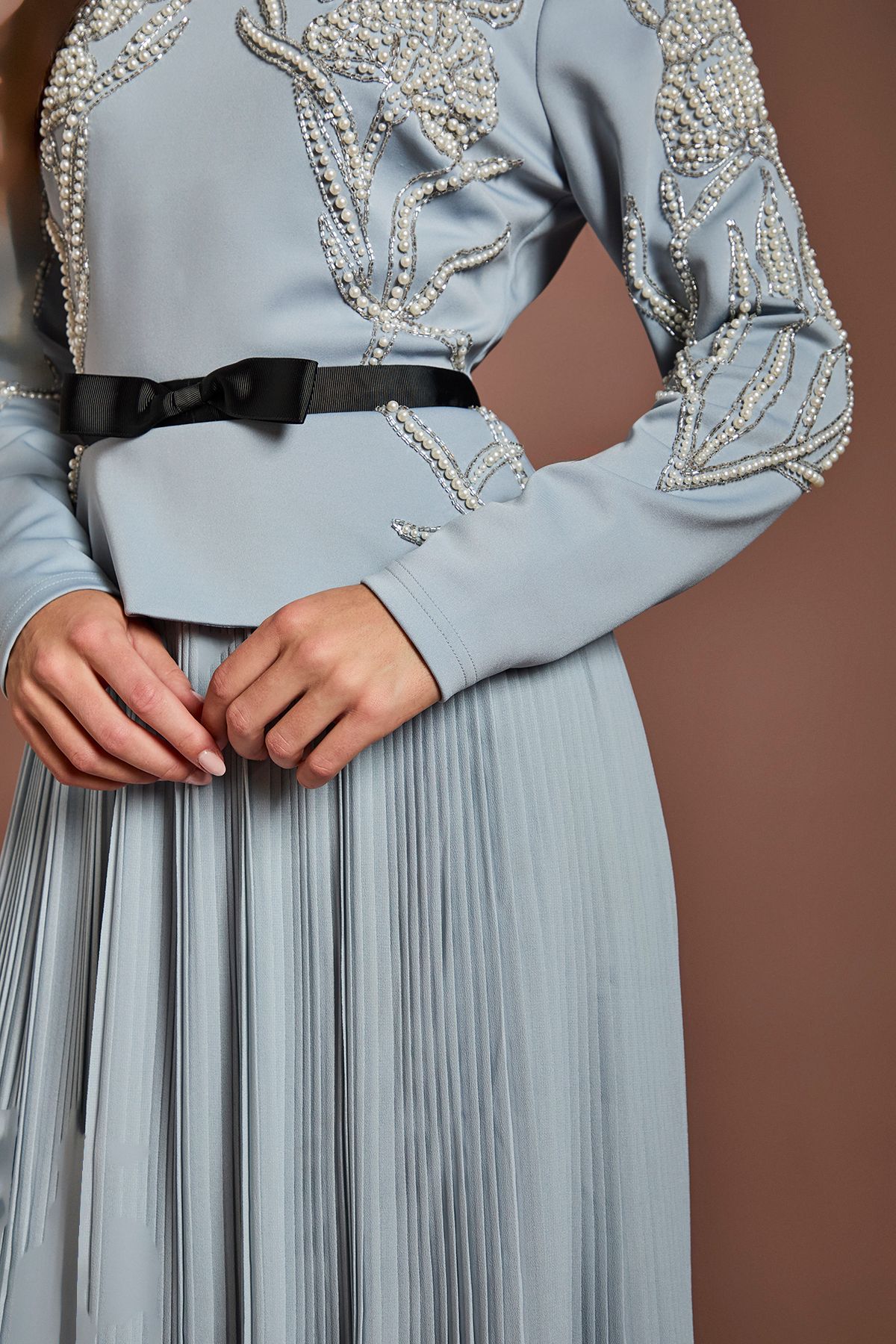 Coast Pearl Beaded Ponte Bodice with Pleated Skirt Light Blue image 4