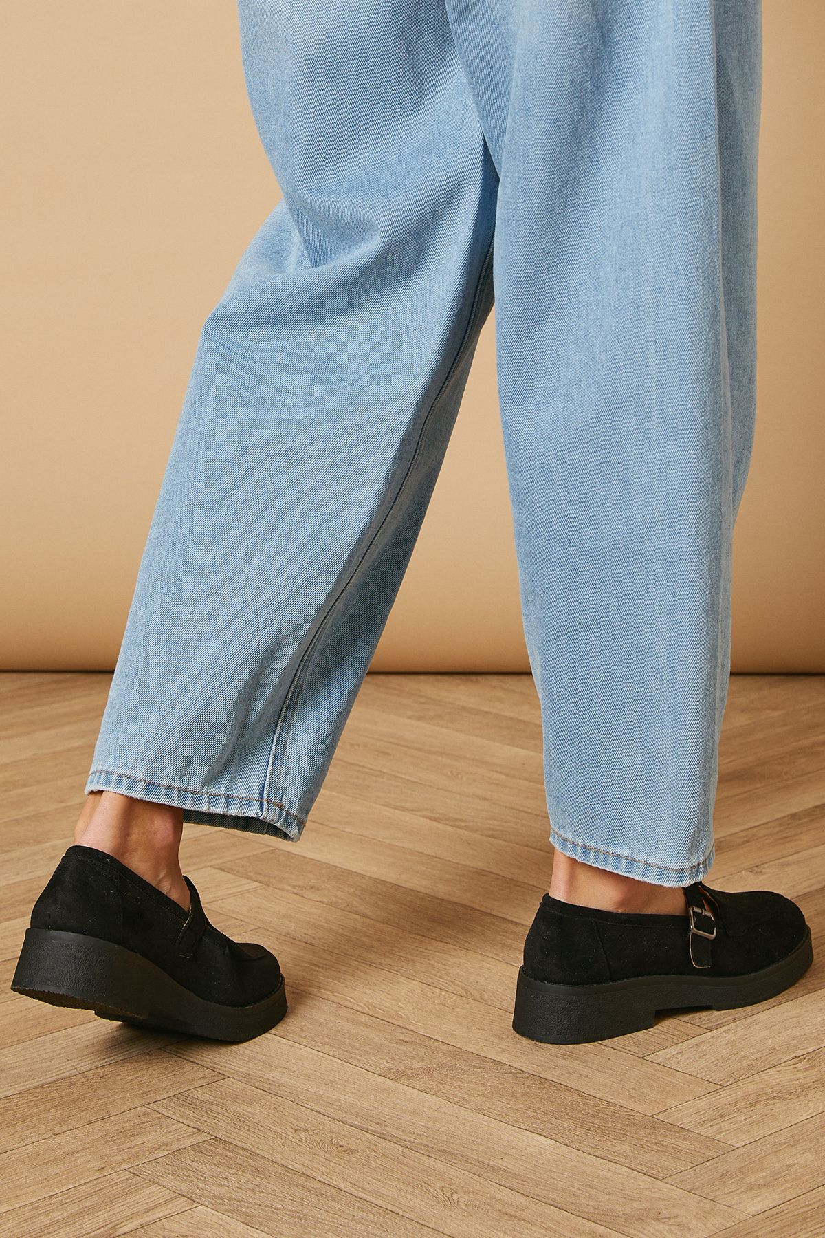 Oasis Edna Faux Suede T-Bar Chunky Casual Shoes Natural Black image 4