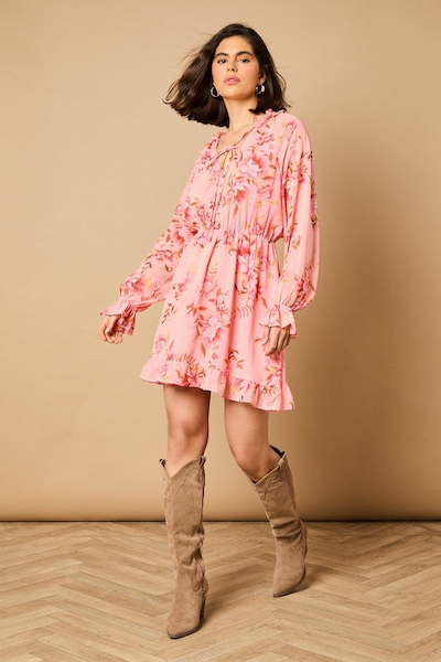 Oasis Floral Long Sleeve Mini Skater Dress Pink