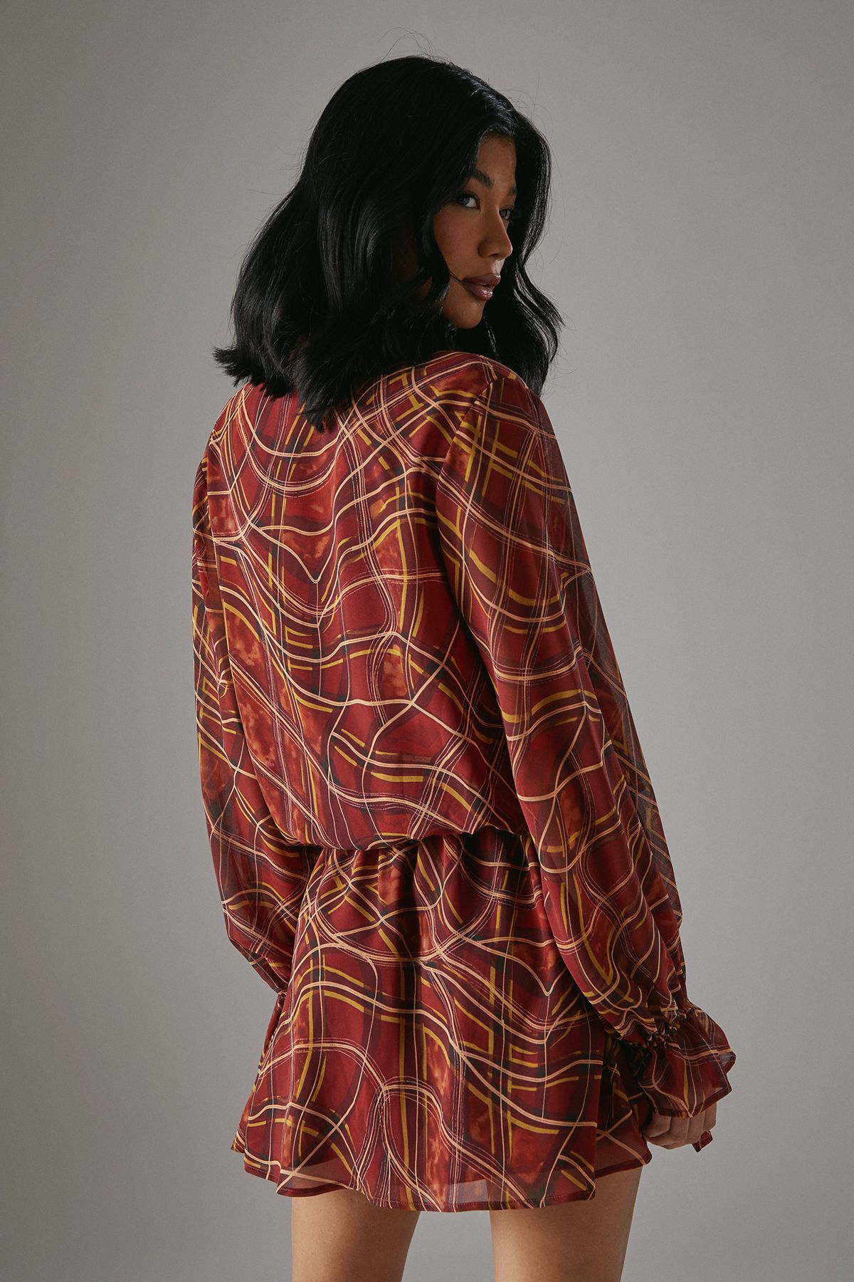 Warehouse Chiffon Wrap Drop Waist Mini Dress Dark Red image 4