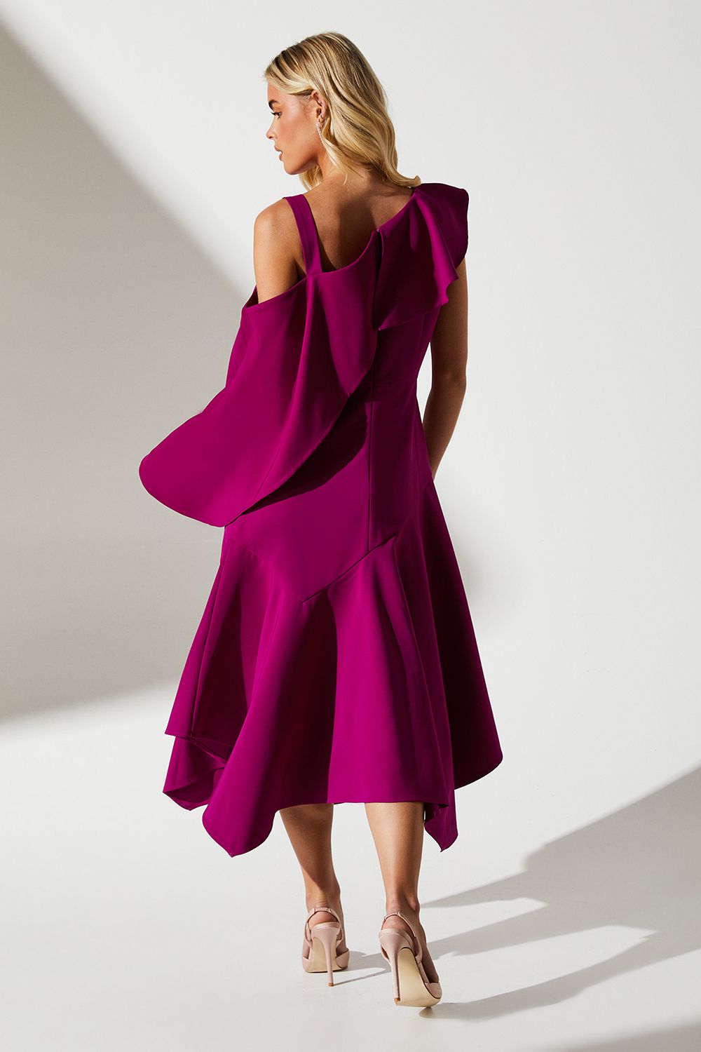 Coast Petite One Shoulder Ruffle Crepe Midi Wedding Guest Dress Berry image 3