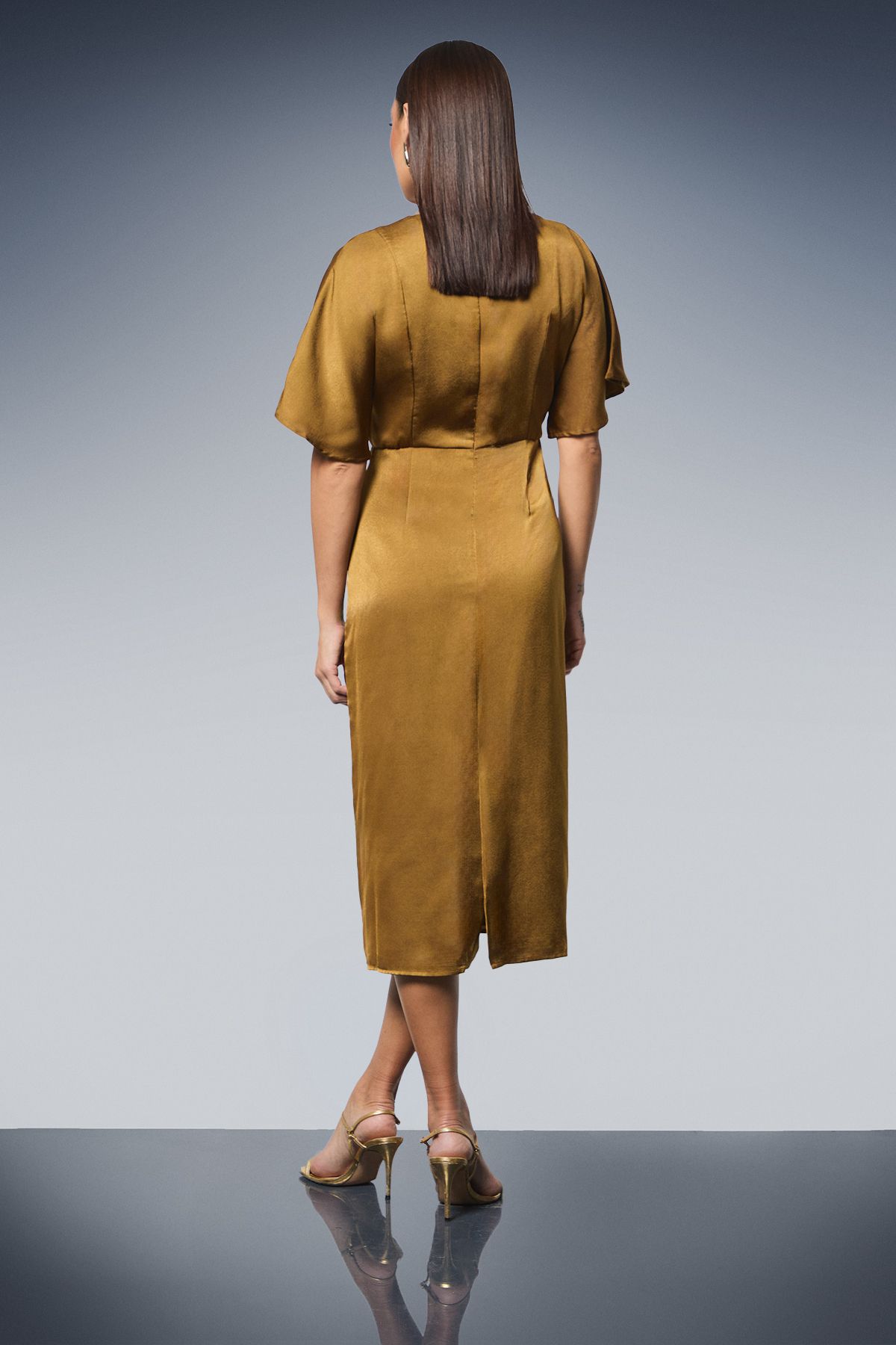 Principles Seam Detail Satin Pencil Midi Dress Olive image 3