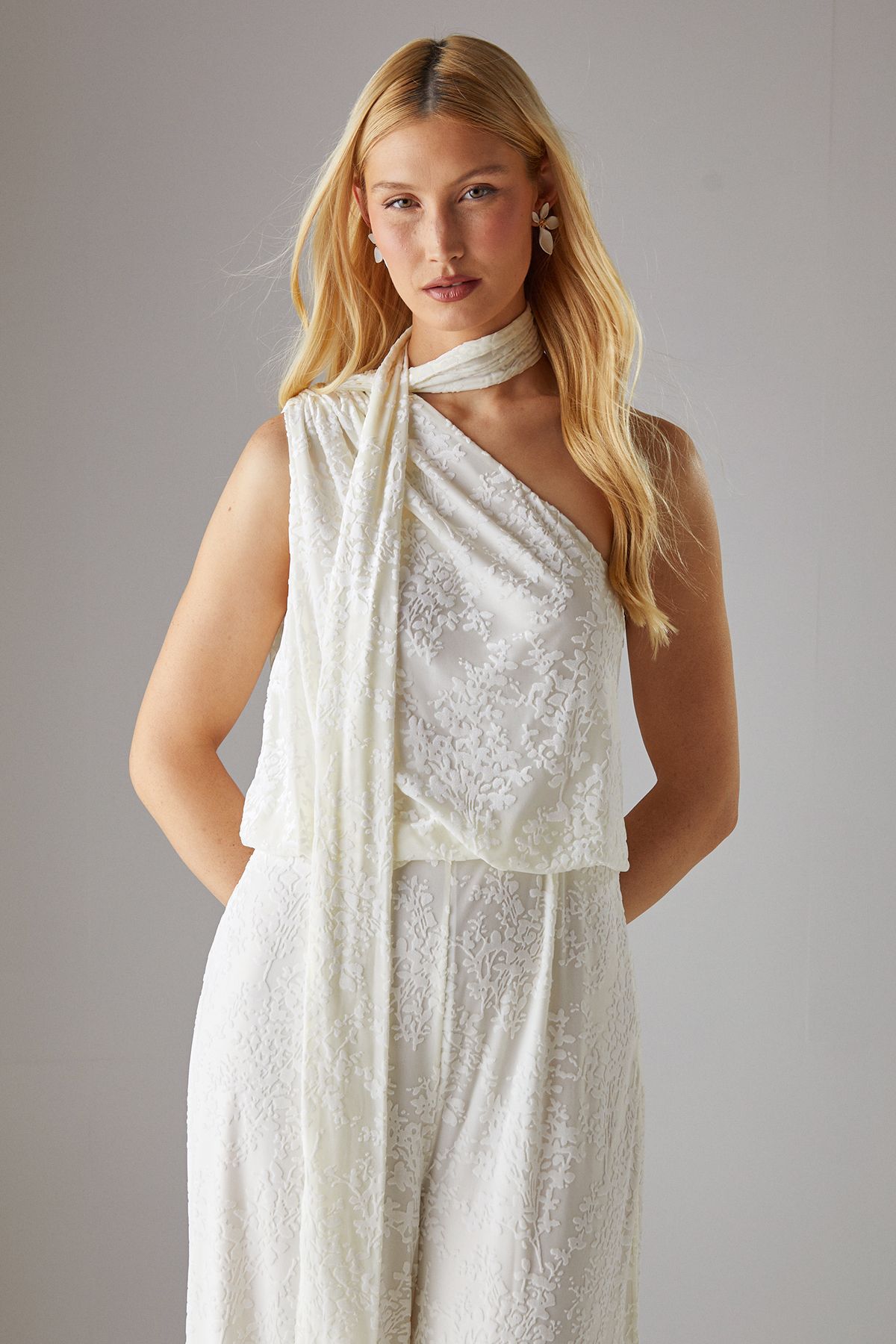 Warehouse Hen Devore One Shoulder Scarf Neck Jumpsuit Ivory image 2
