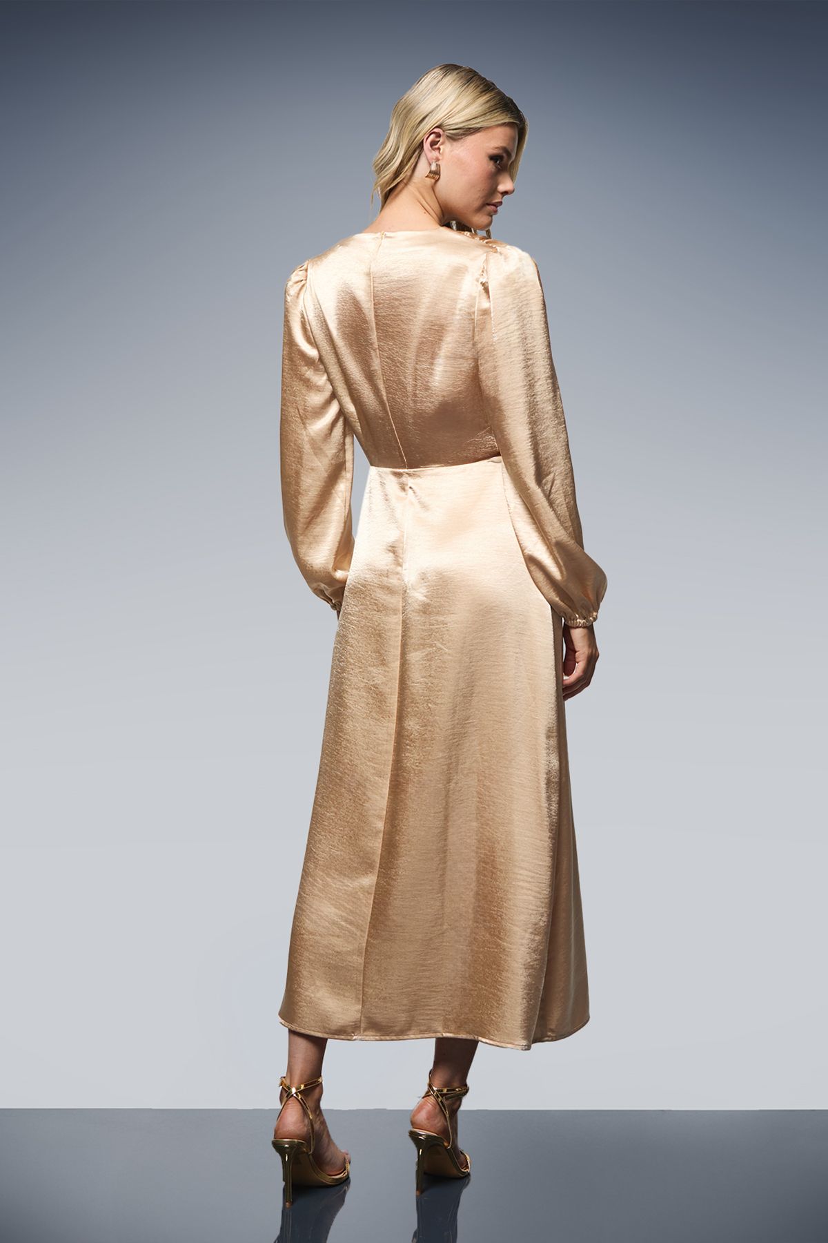 Dorothy Perkins DP Luxe Button Detail Blouson Sleeve Satin Midaxi Dress Gold image 3