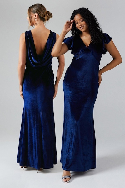 Coast V Neck Ruffle Sleeve Velvet Bridesmaid Dress Navy