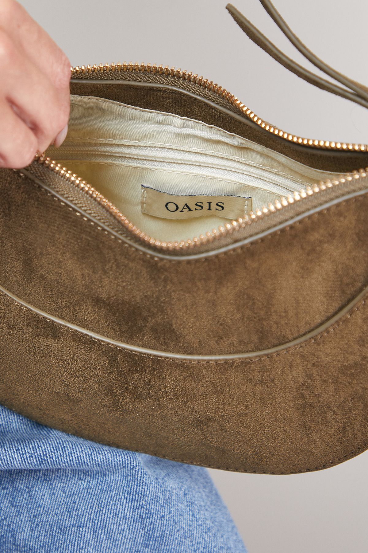 Oasis Relly Faux Suede Half Moon Crossbody Bag Olive image 3