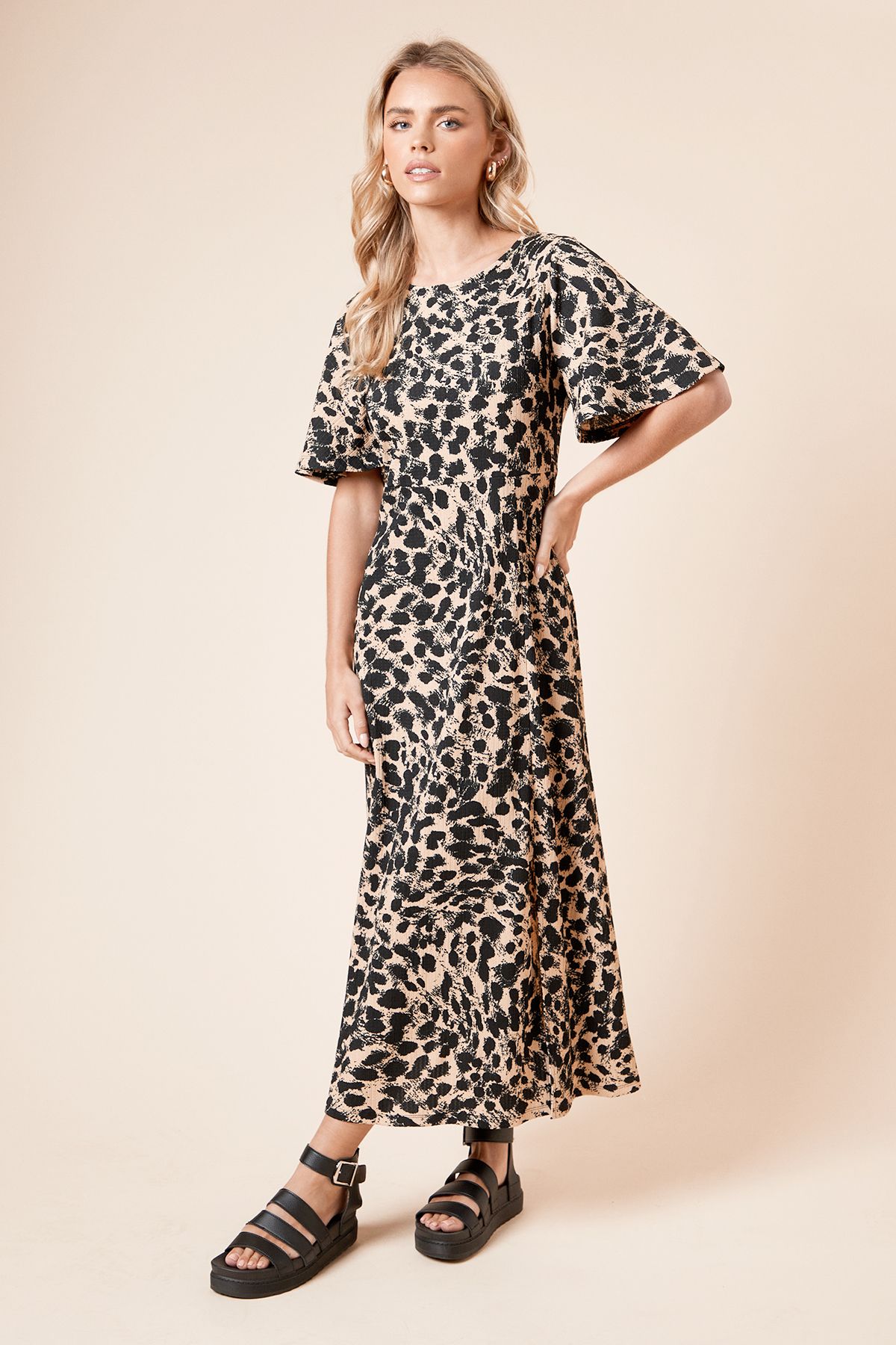 Dorothy Perkins Petite Angel Sleeve Mono Leopard Midi Dress Leopard