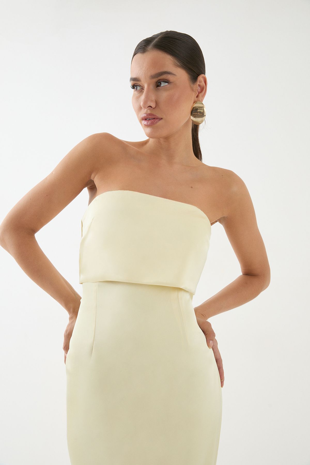 MissPap Premium Satin Bandeau Overlay Bridesmaid Dress Lemon image 2
