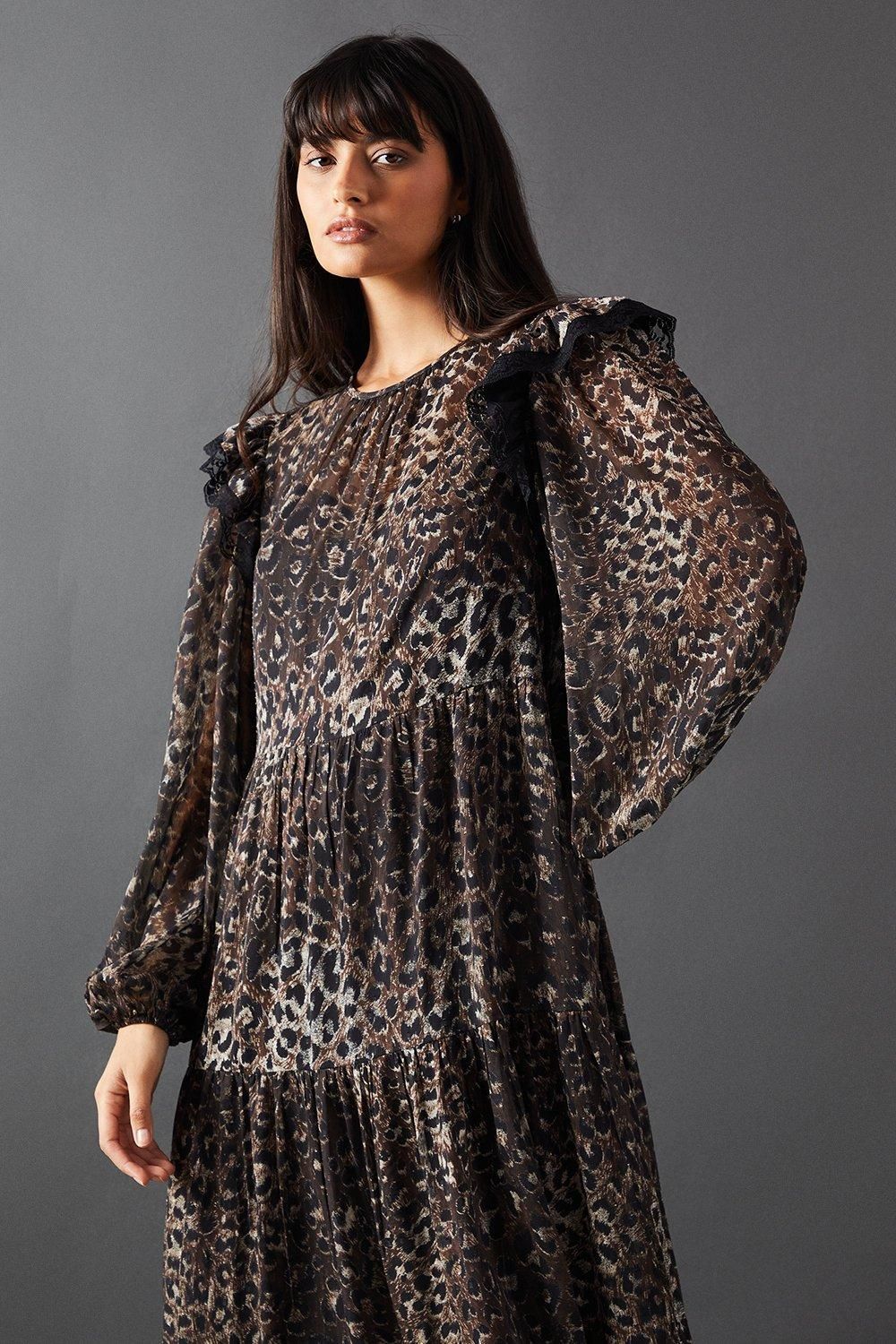 Warehouse Print Burnout Jacquard Lace Insert Tier Smock Midi Dress Animal image 2