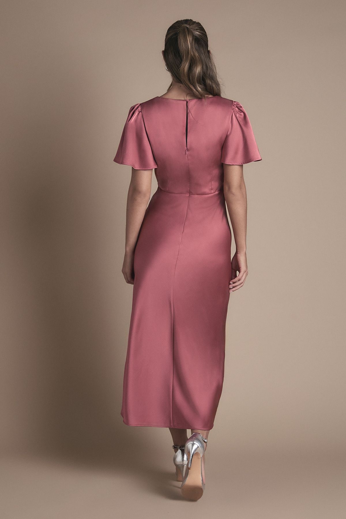 Oasis Satin Twist Front Angel Sleeve Midi Bridesmaid Dress Terracotta image 4