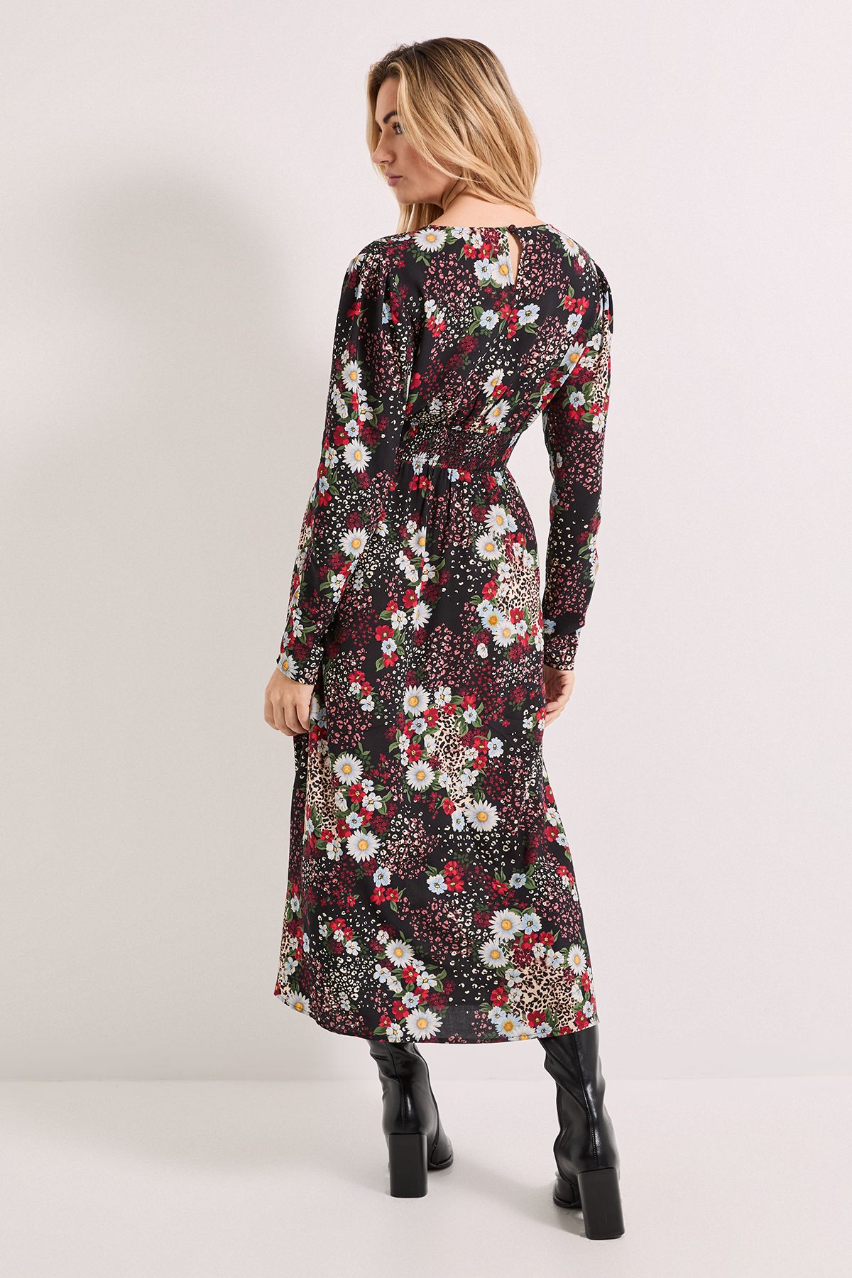 Dorothy Perkins Patchwork Floral Shirred Waist Button Detail Printed Midi Dress Multi image 3