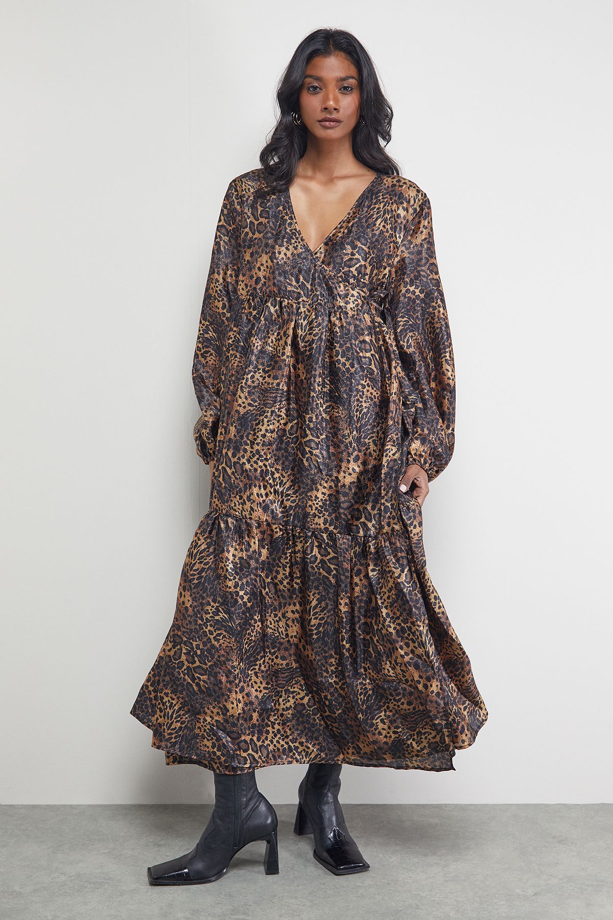 Warehouse Textured Organza Wrap Tier Smock Midi Dress Animal image 4