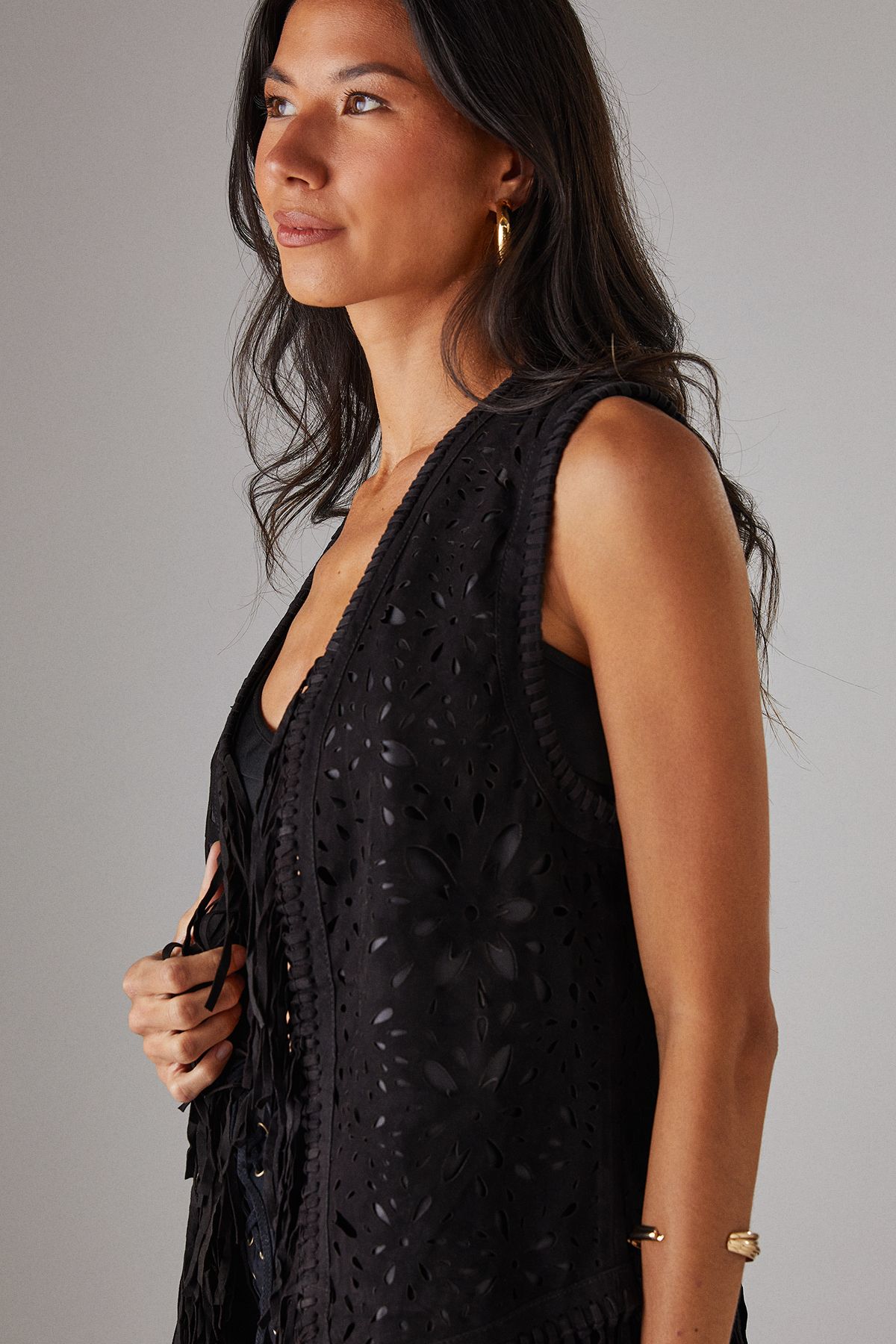 Warehouse Real Suede Fringed Waistcoat Black image 2