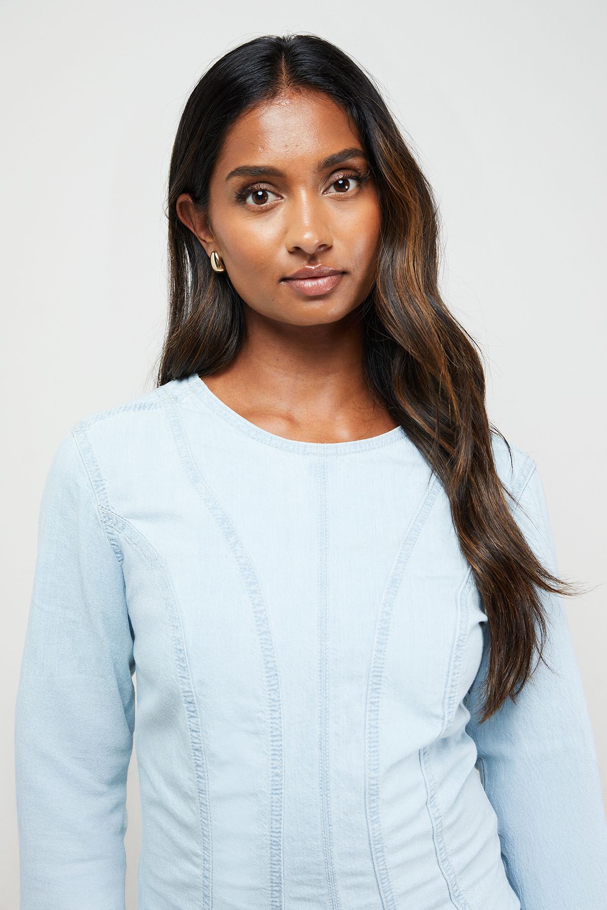 Oasis Denim Long Sleeved Skater Skirt Mini Dress Mid Wash image 4