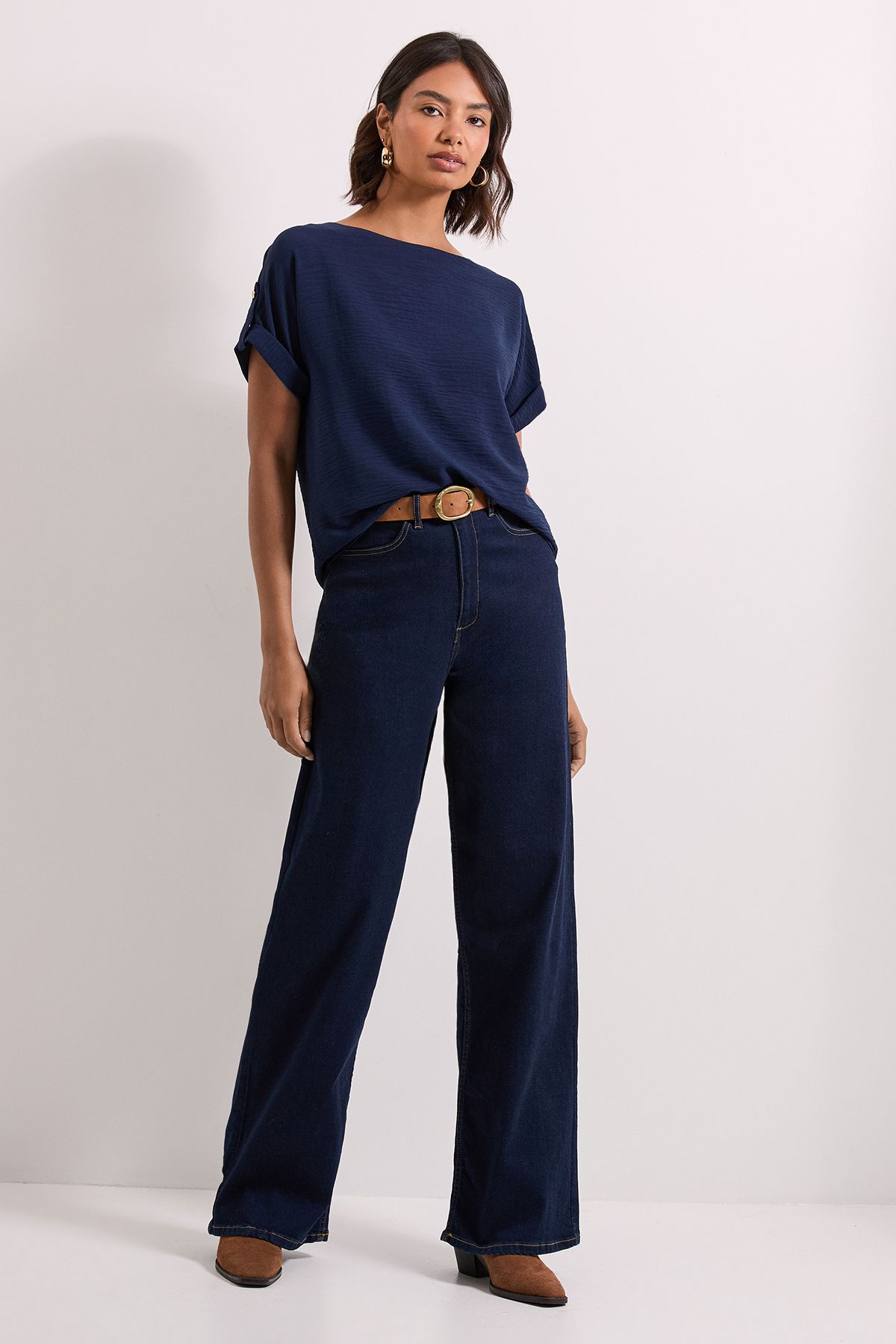 Dorothy Perkins Roll Sleeve Blouse Navy image 2