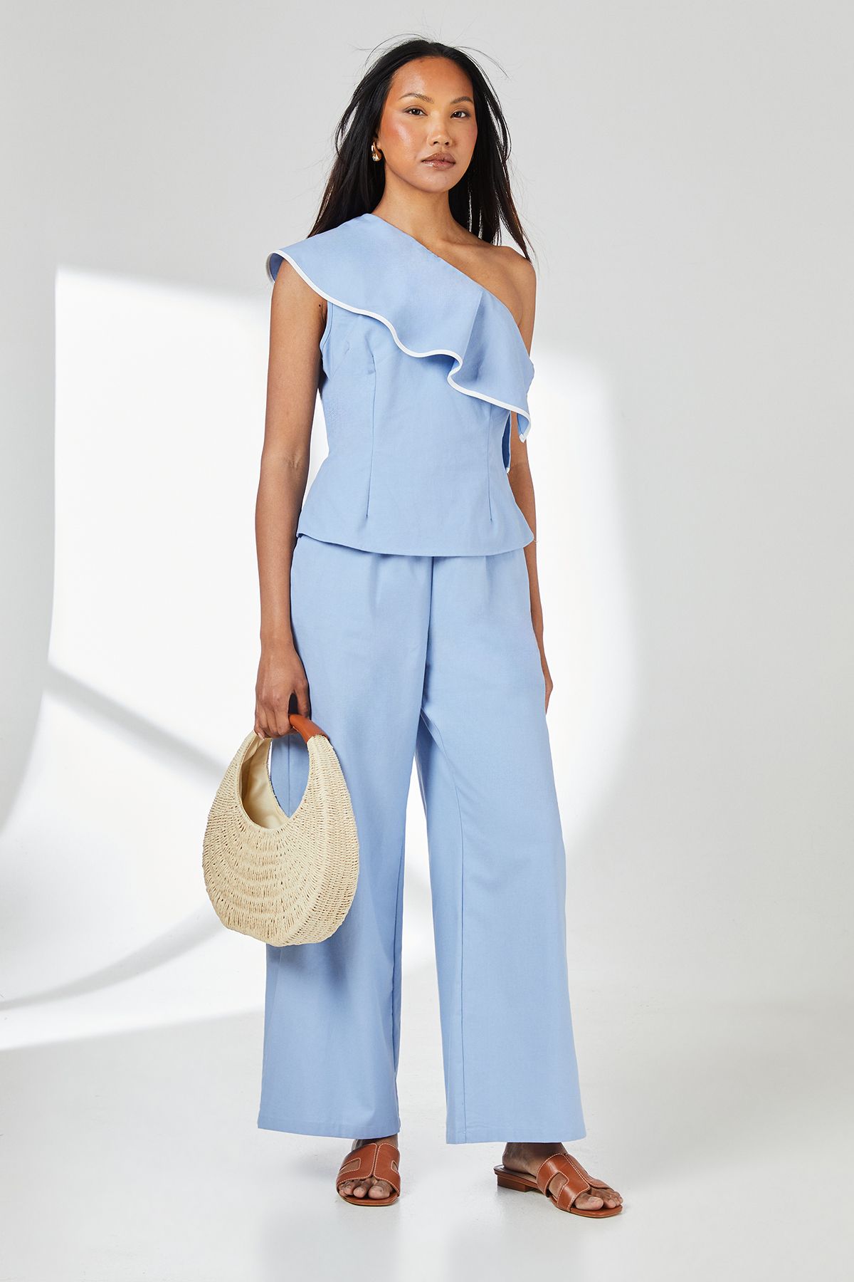 Principles Blue Contrast Detail One Shoulder Frill Linen Top Blue image 2